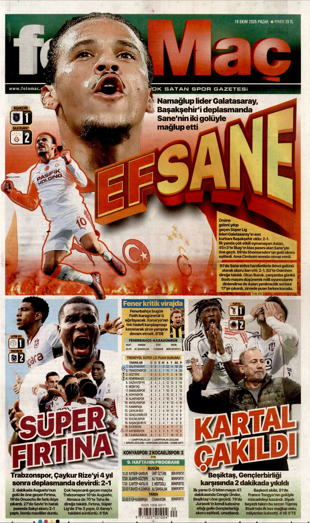 FOTOMAÇ gazetesinin 19 Ekim 2025 tarihli birinci sayfası
