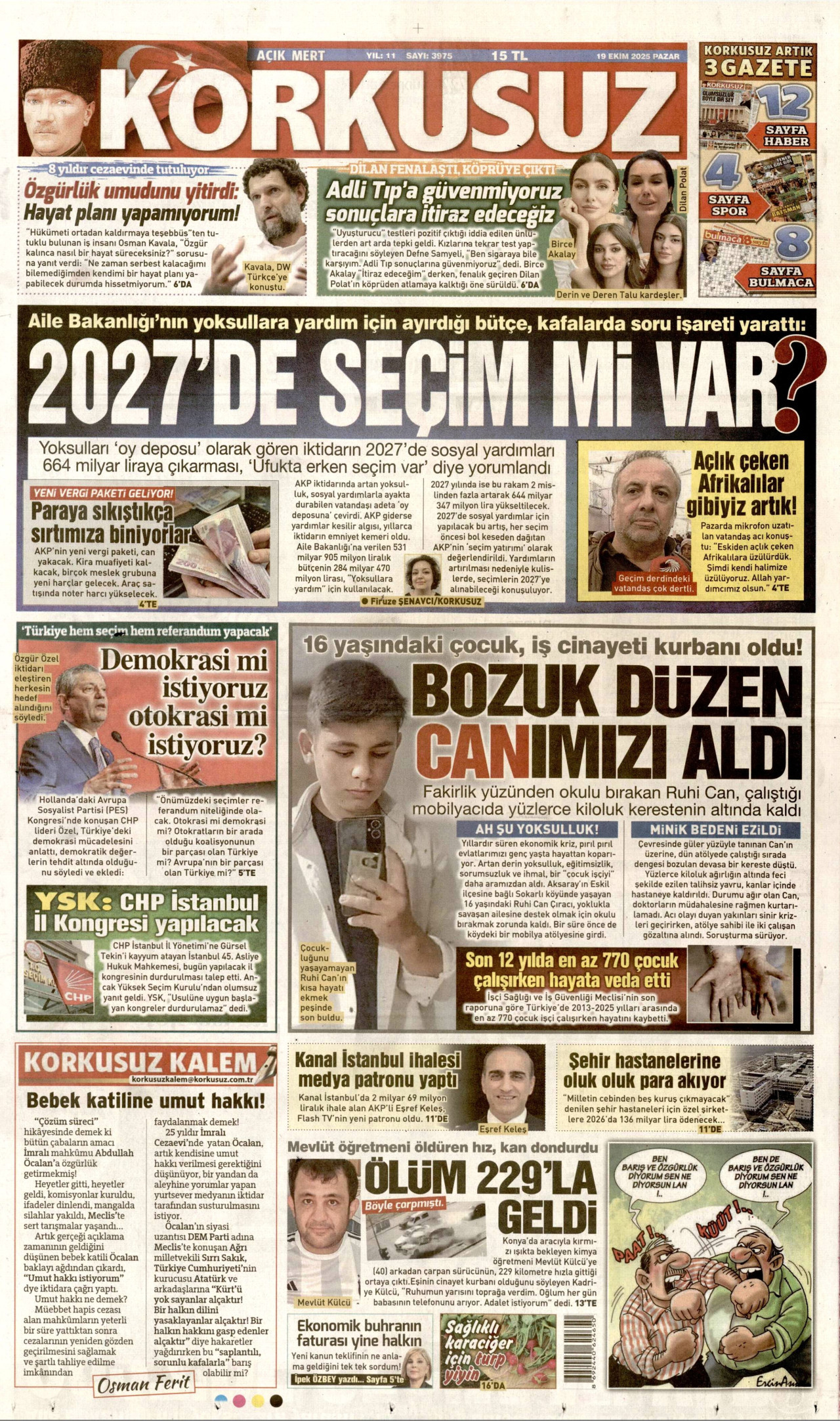KORKUSUZ gazetesinin 19 Ekim 2025 tarihli birinci sayfası
