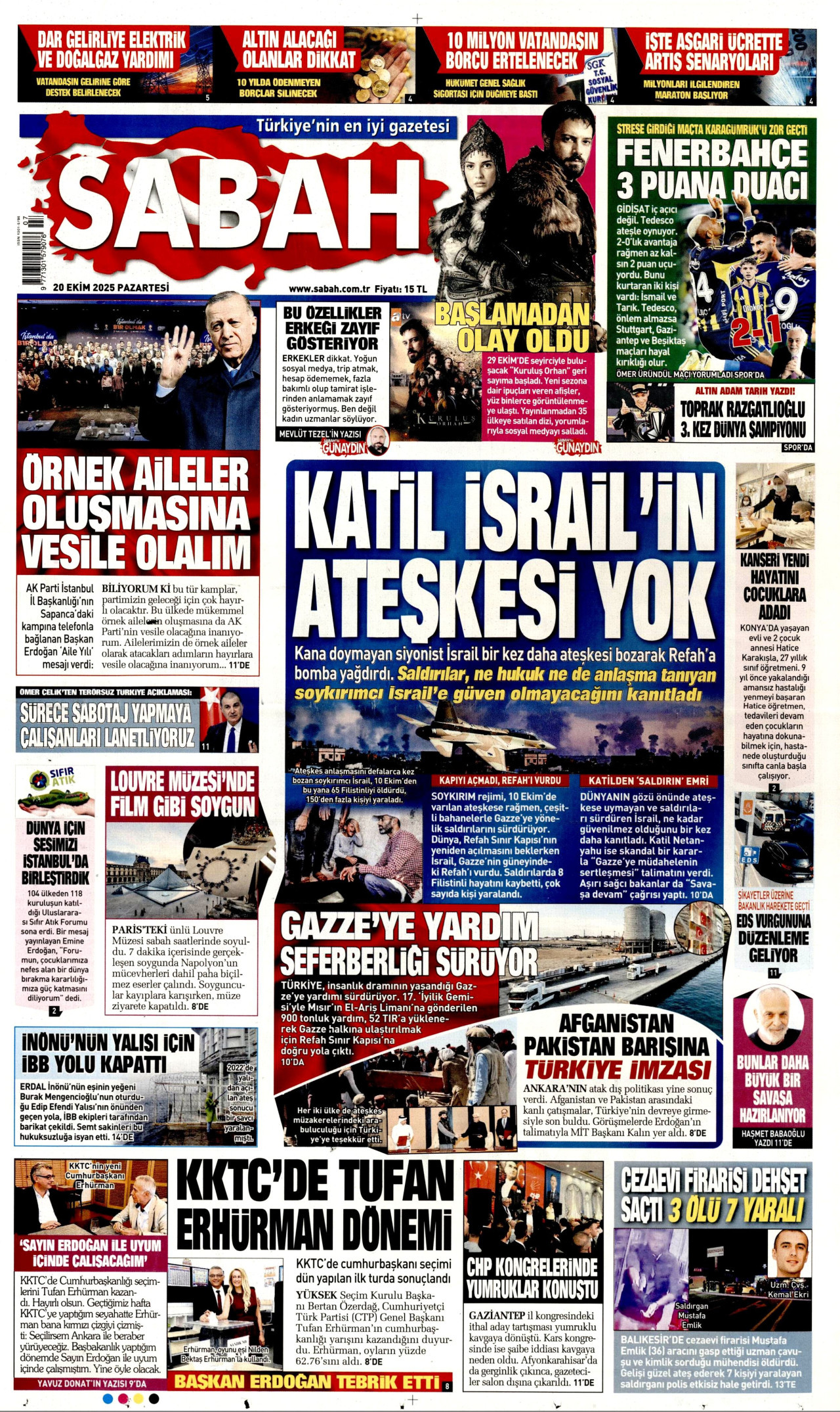 SABAH gazetesinin 20 Ekim 2025 tarihli birinci sayfası