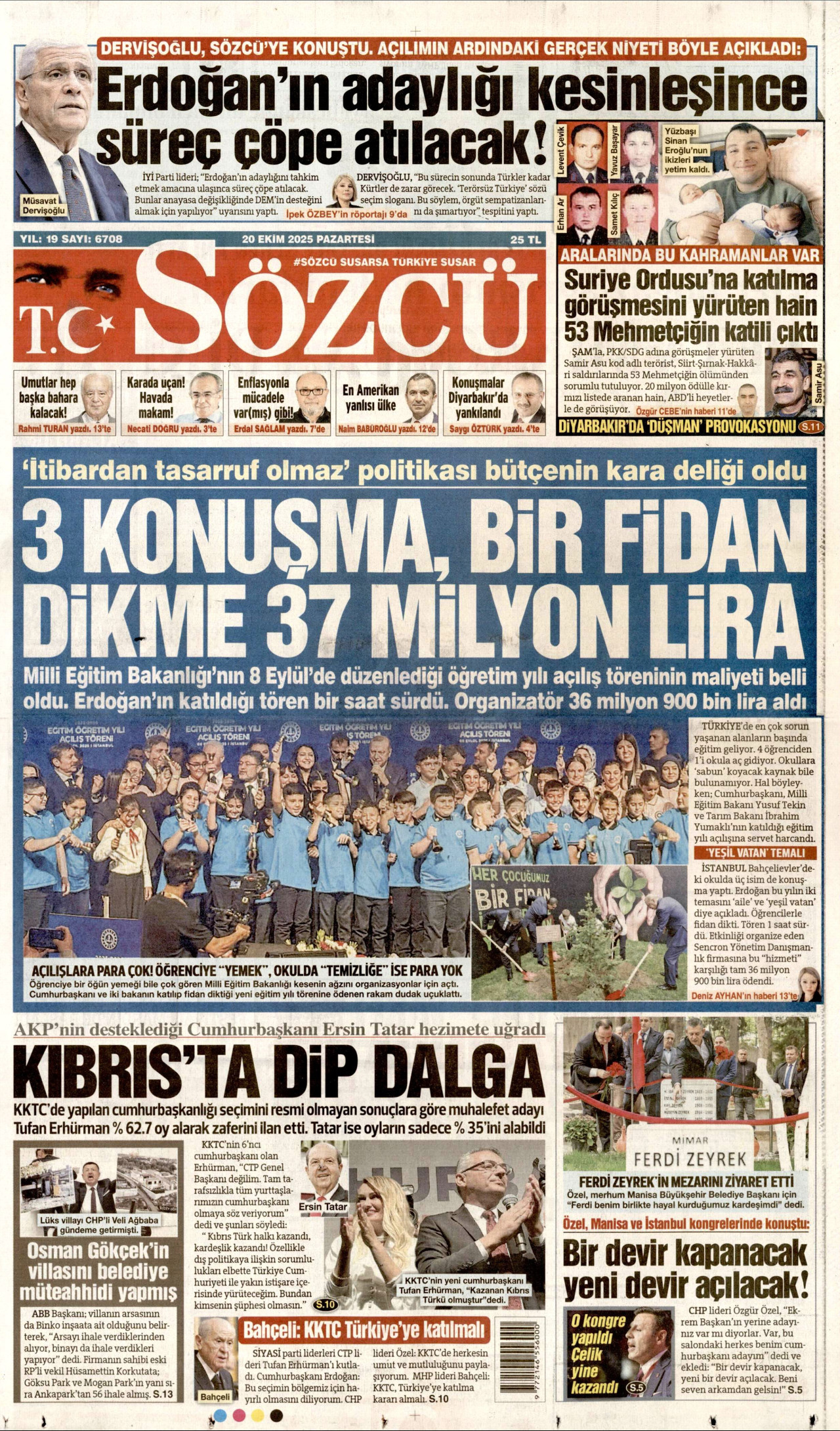 SÖZCÜ gazetesinin 20 Ekim 2025 tarihli birinci sayfası