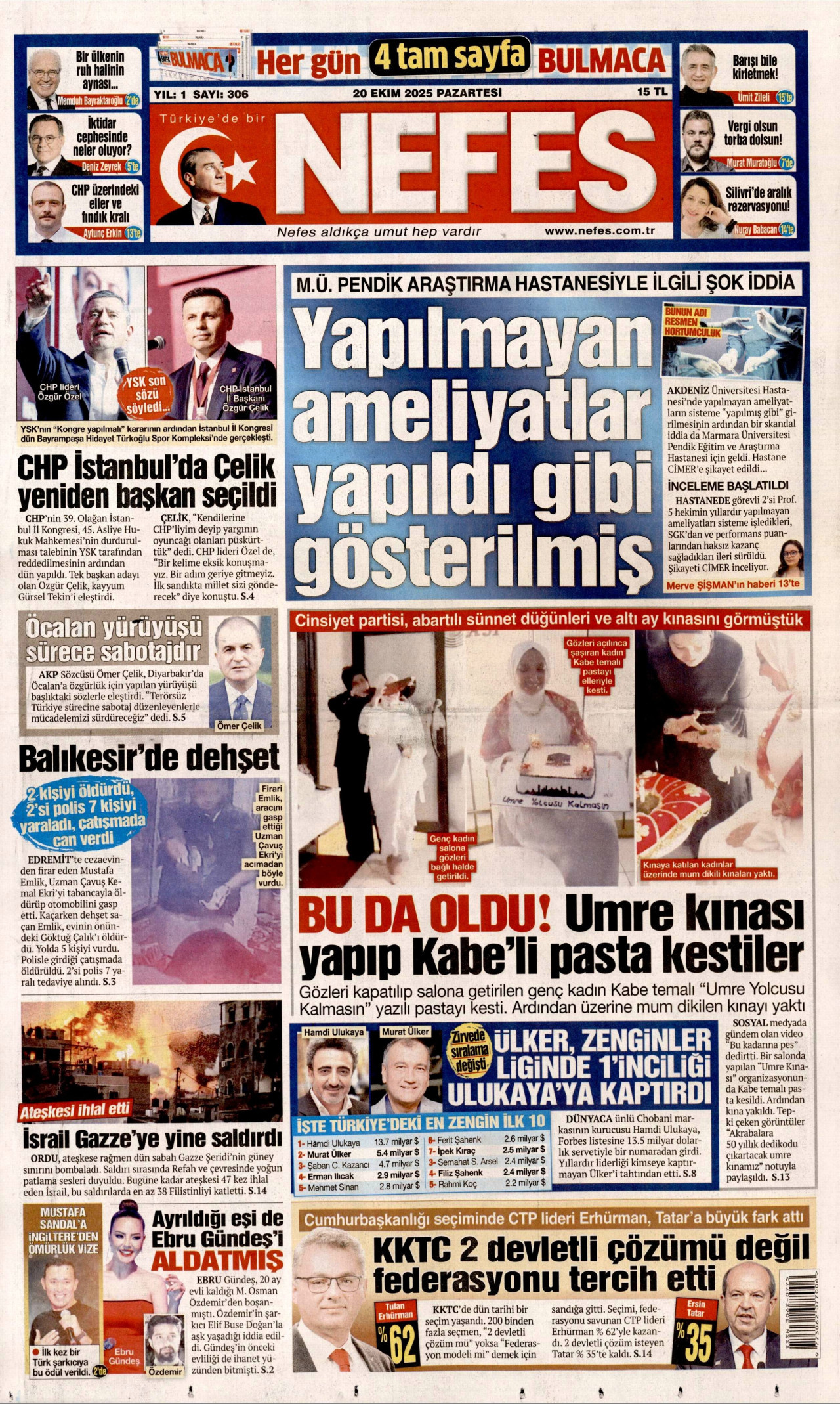 NEFES gazetesinin 20 Ekim 2025 tarihli birinci sayfası