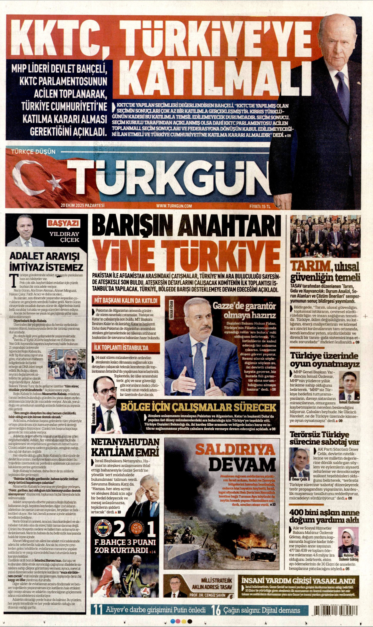 TÜRKGÜN gazetesinin 20 Ekim 2025 tarihli birinci sayfası
