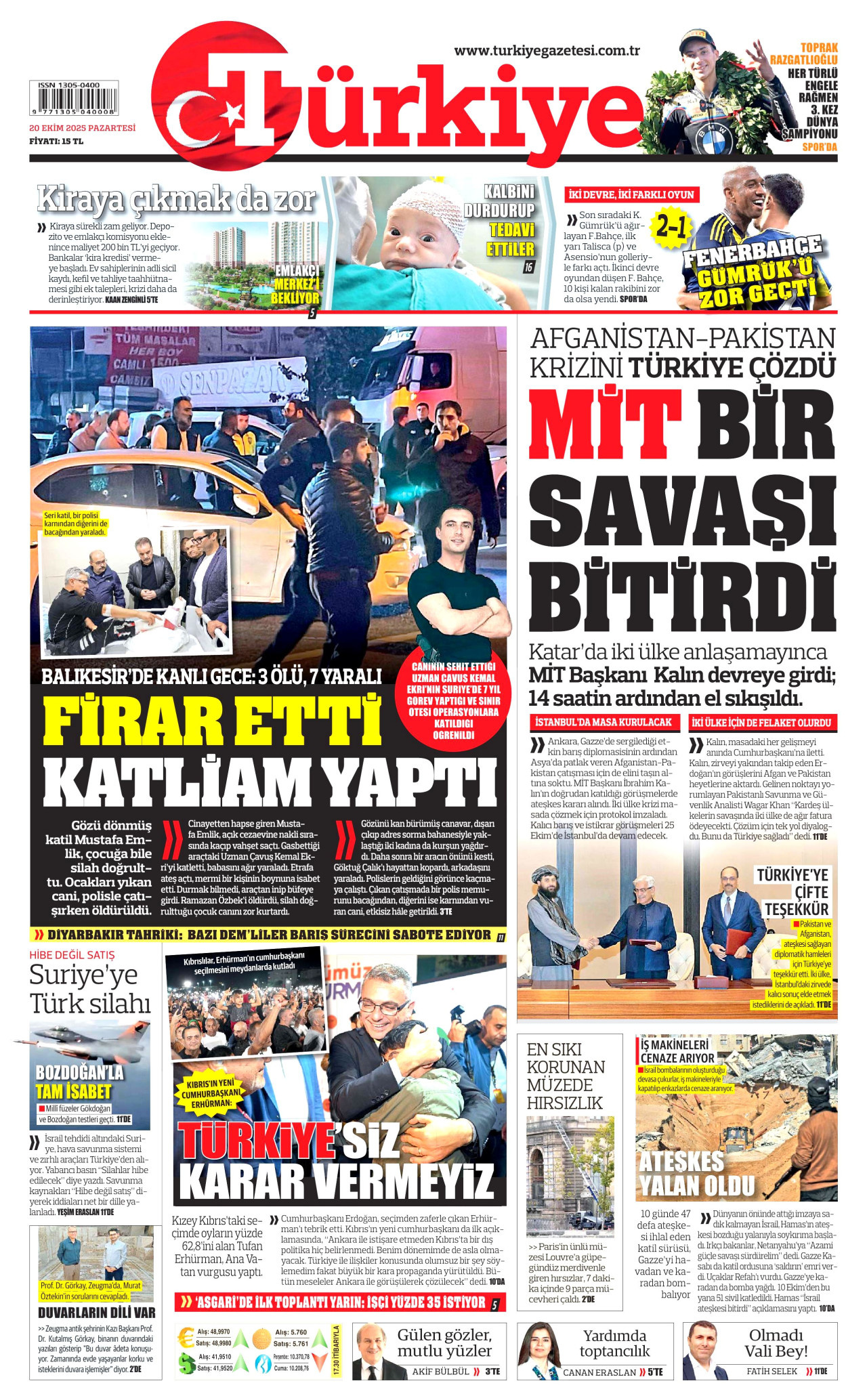 TÜRKİYE GAZETESİ gazetesinin 20 Ekim 2025 tarihli birinci sayfası