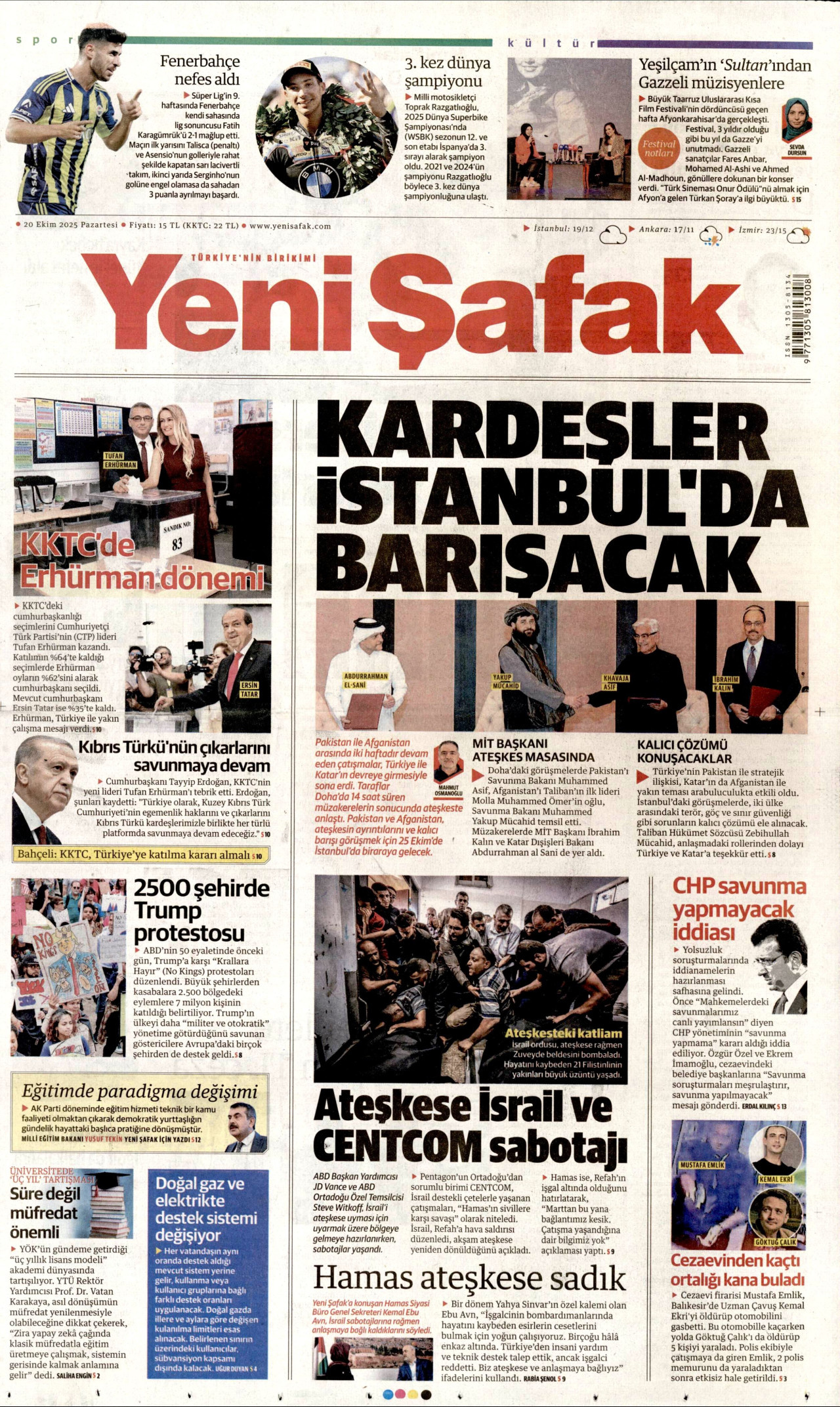 YENİ ŞAFAK gazetesinin 20 Ekim 2025 tarihli birinci sayfası