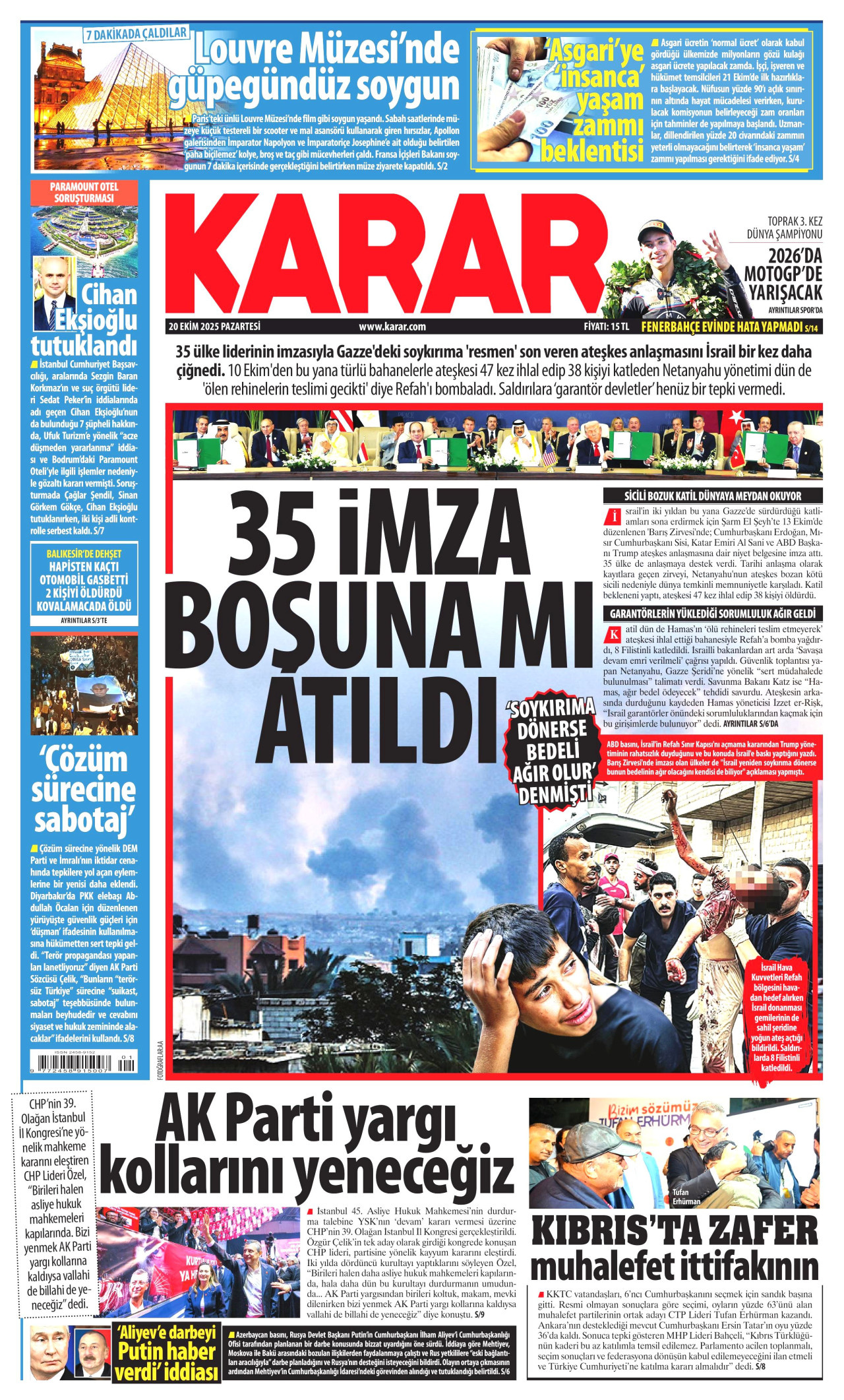 KARAR gazetesinin 20 Ekim 2025 tarihli birinci sayfası