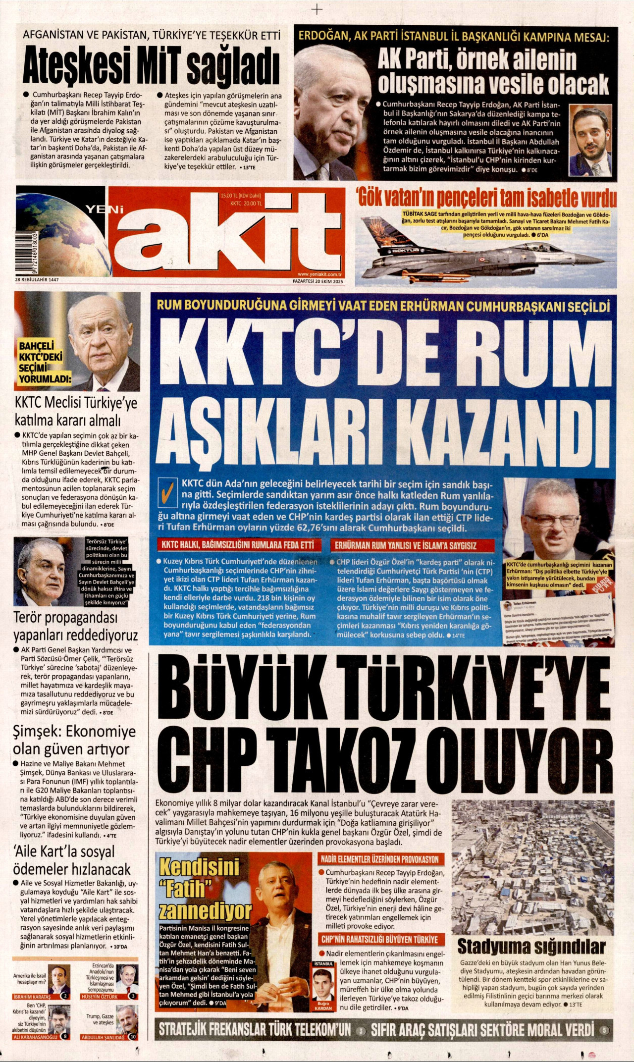 YENİ AKİT gazetesinin 20 Ekim 2025 tarihli birinci sayfası