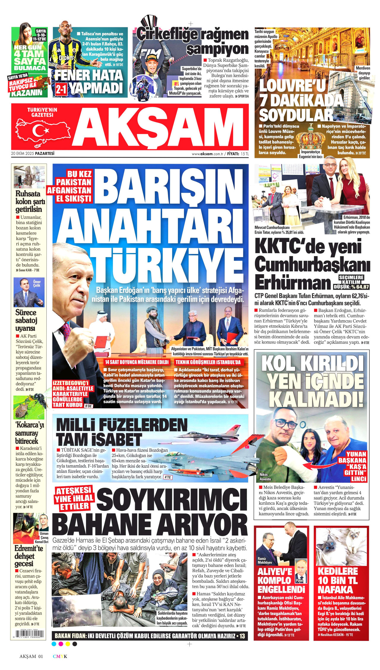 AKŞAM gazetesinin 20 Ekim 2025 tarihli birinci sayfası