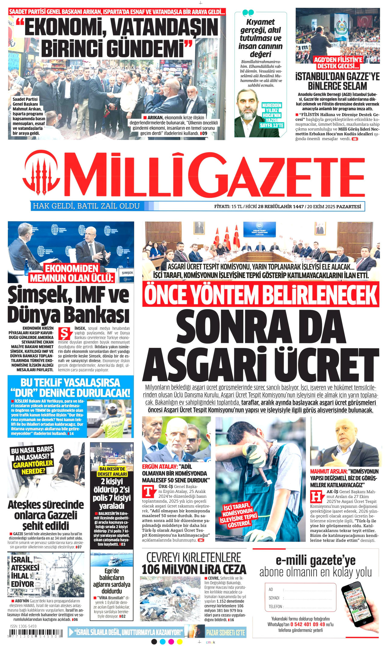 MİLLİ GAZETE gazetesinin 20 Ekim 2025 tarihli birinci sayfası