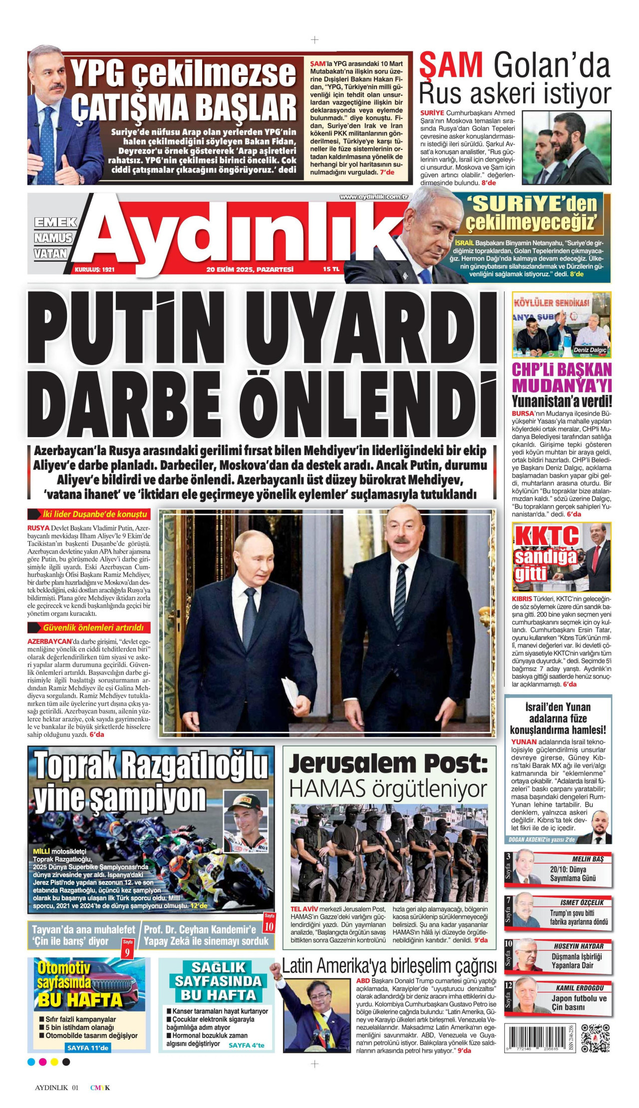 AYDINLIK GAZETESİ gazetesinin 20 Ekim 2025 tarihli birinci sayfası