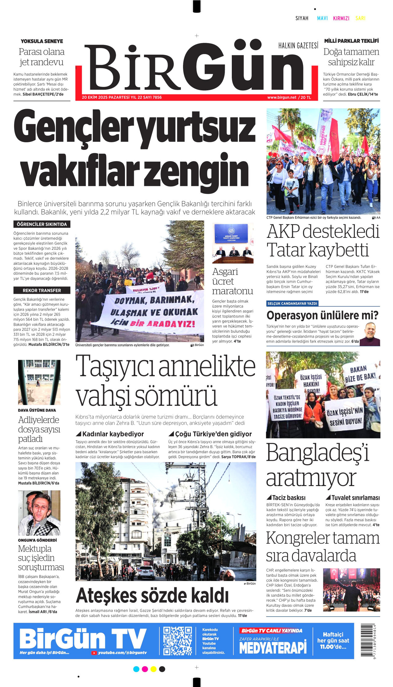 BİRGÜN gazetesinin 20 Ekim 2025 tarihli birinci sayfası