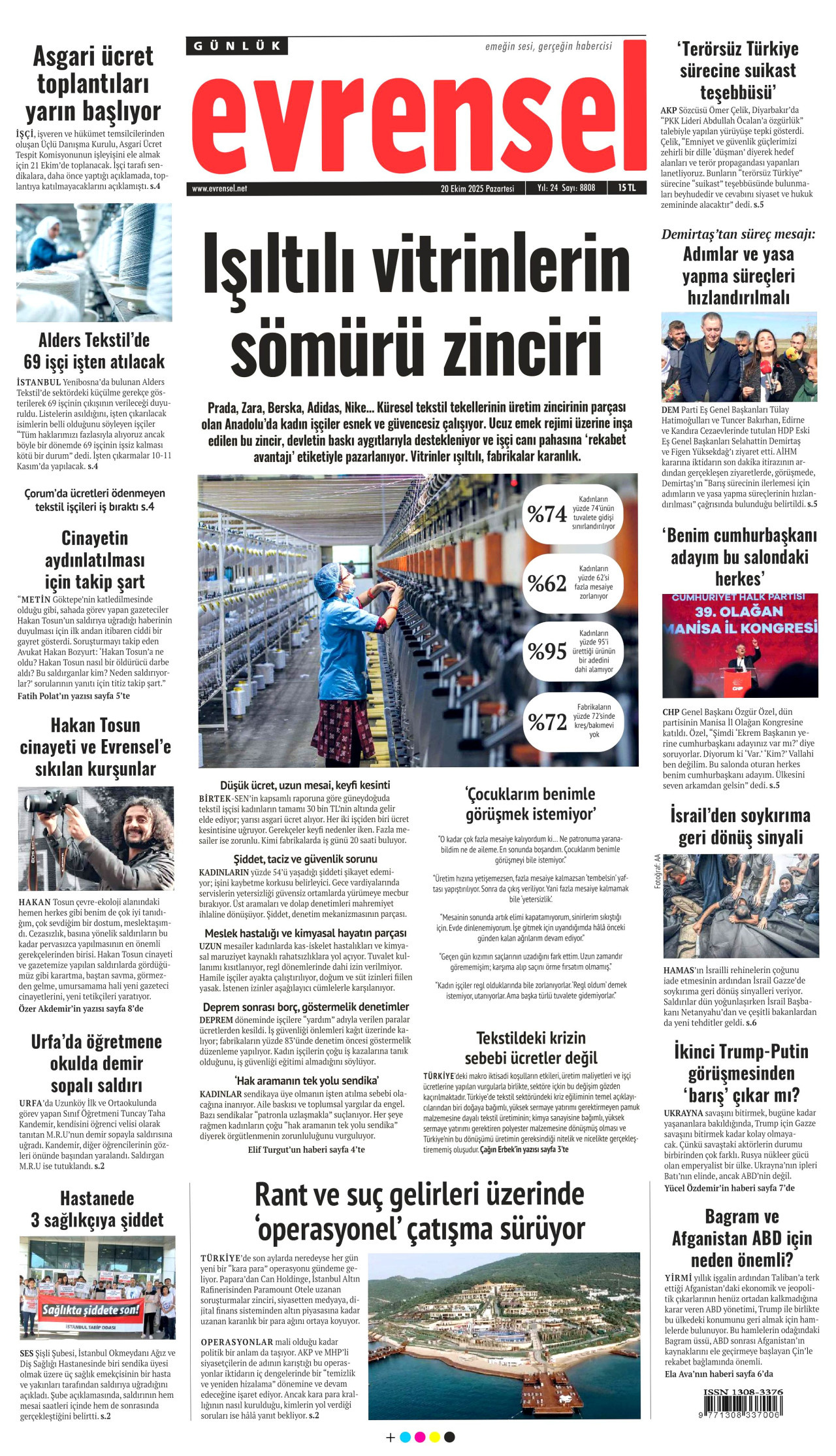 EVRENSEL gazetesinin 20 Ekim 2025 tarihli birinci sayfası