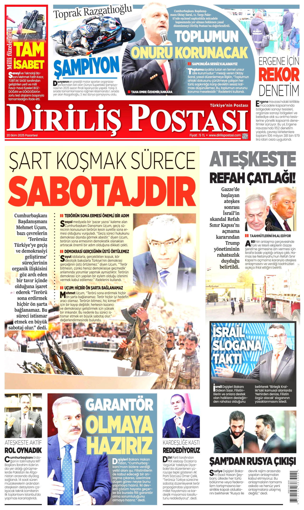 DİRİLİŞ POSTASI gazetesinin 20 Ekim 2025 tarihli birinci sayfası