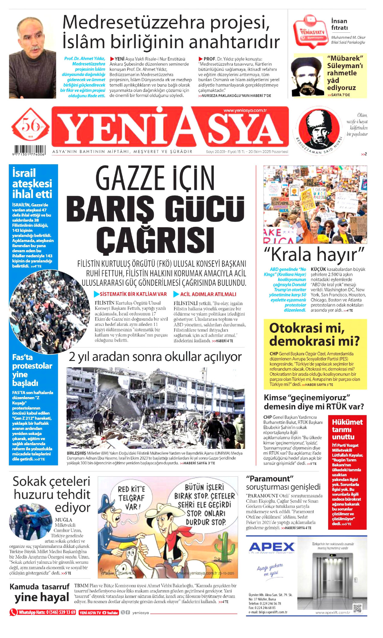 YENİ ASYA gazetesinin 20 Ekim 2025 tarihli birinci sayfası