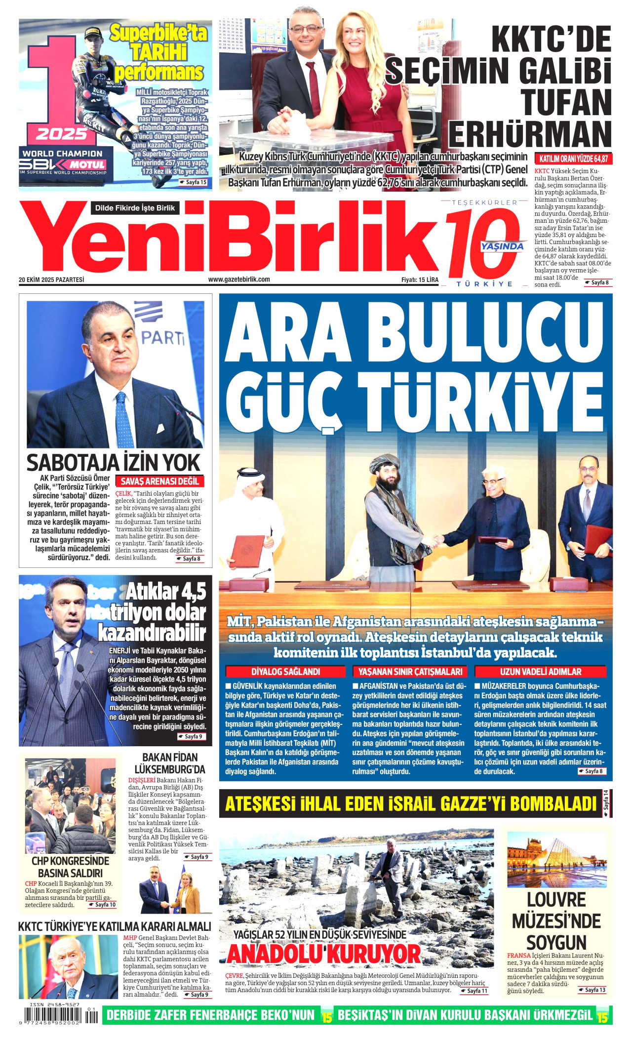 YENİBİRLİK gazetesinin 20 Ekim 2025 tarihli birinci sayfası