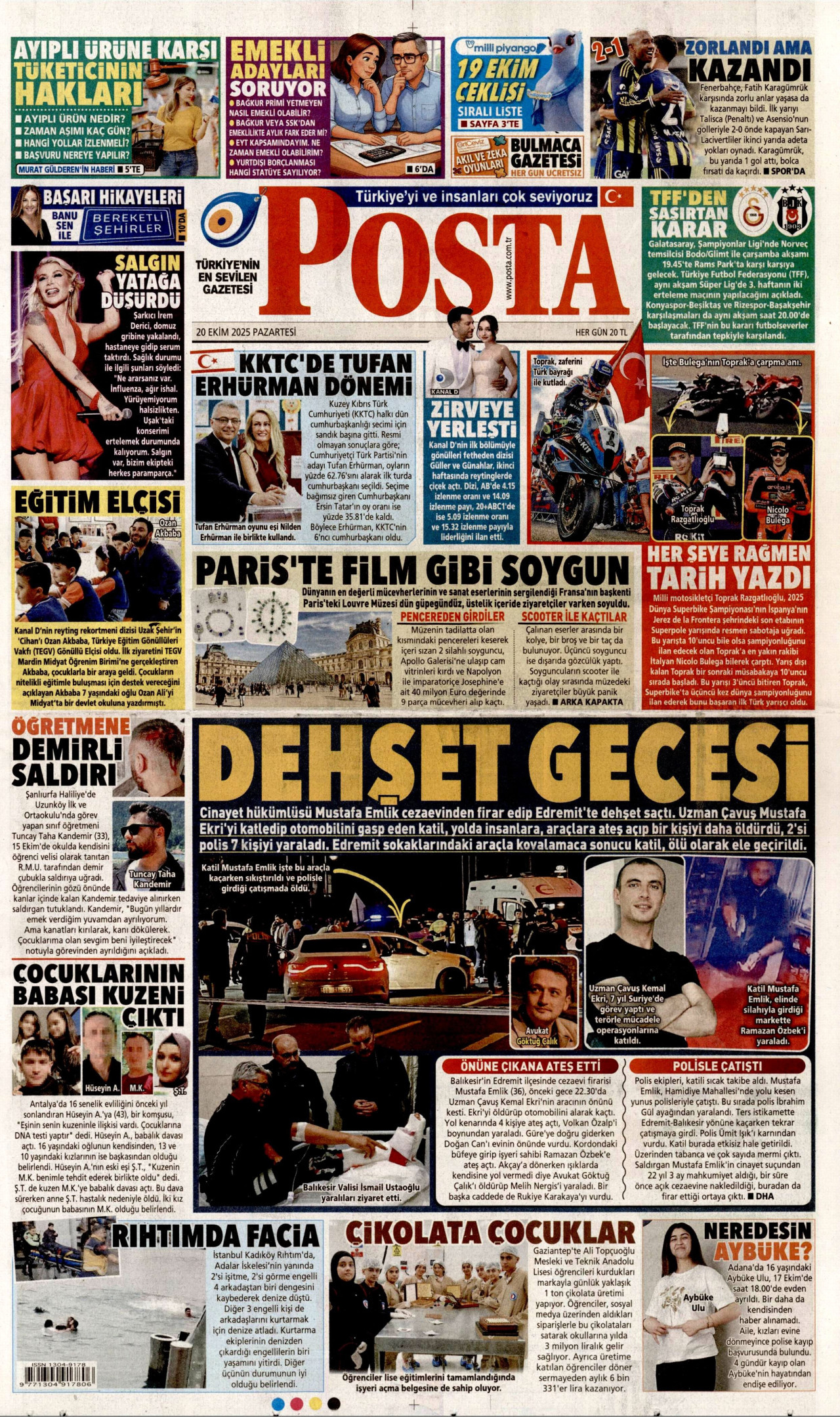 POSTA gazetesinin 20 Ekim 2025 tarihli birinci sayfası