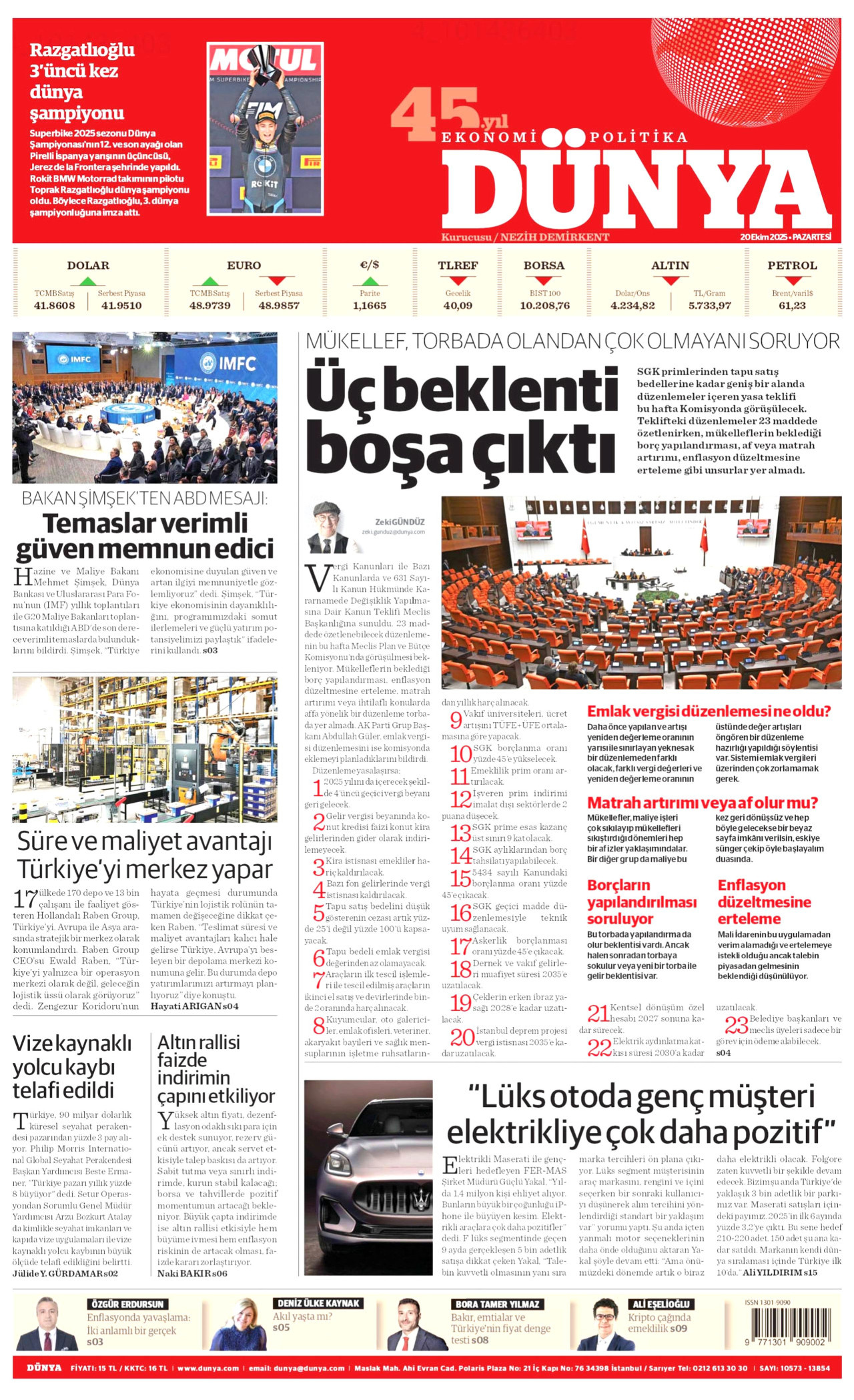 DÜNYA gazetesinin 20 Ekim 2025 tarihli birinci sayfası