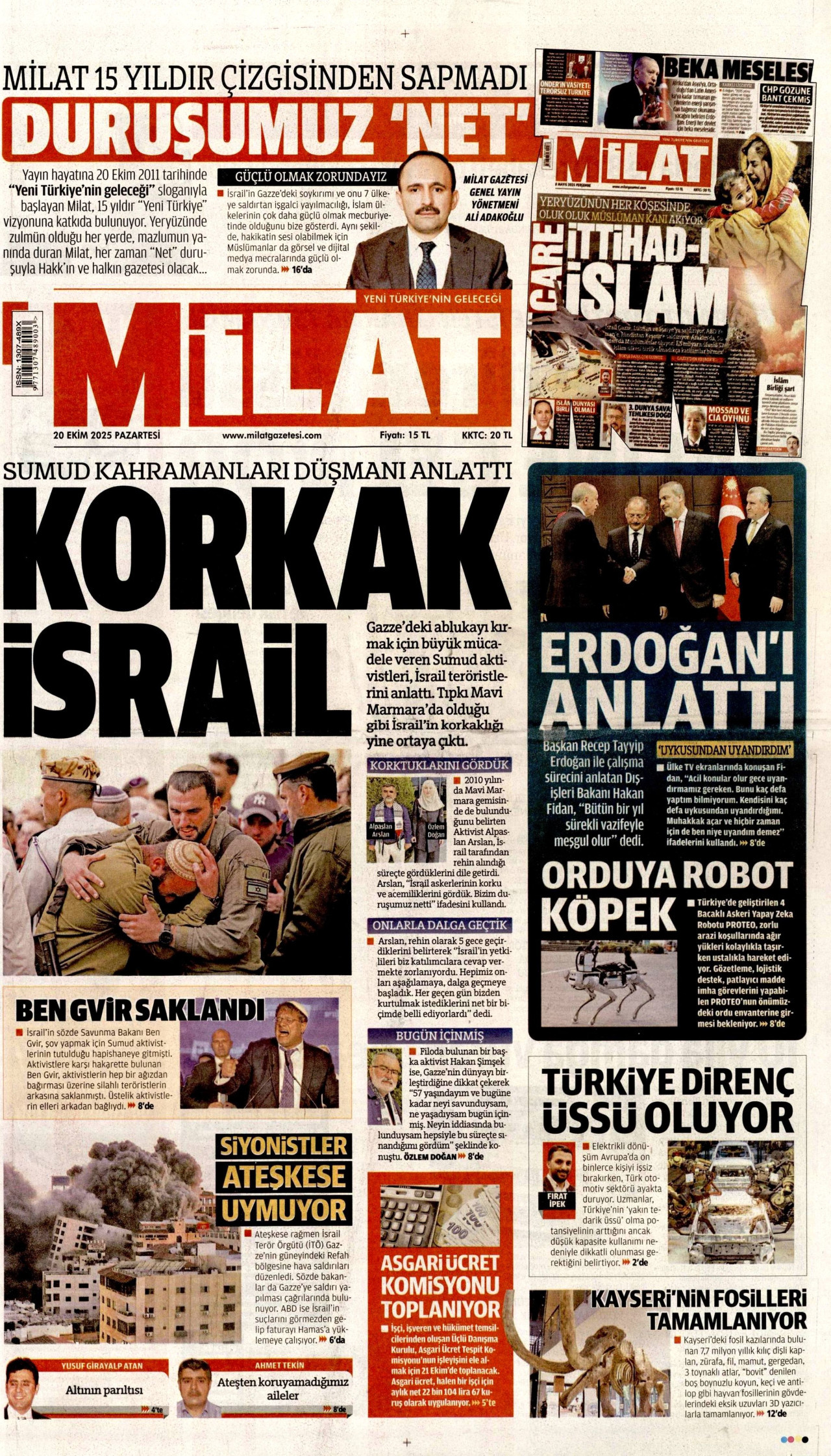 MİLAT gazetesinin 20 Ekim 2025 tarihli birinci sayfası