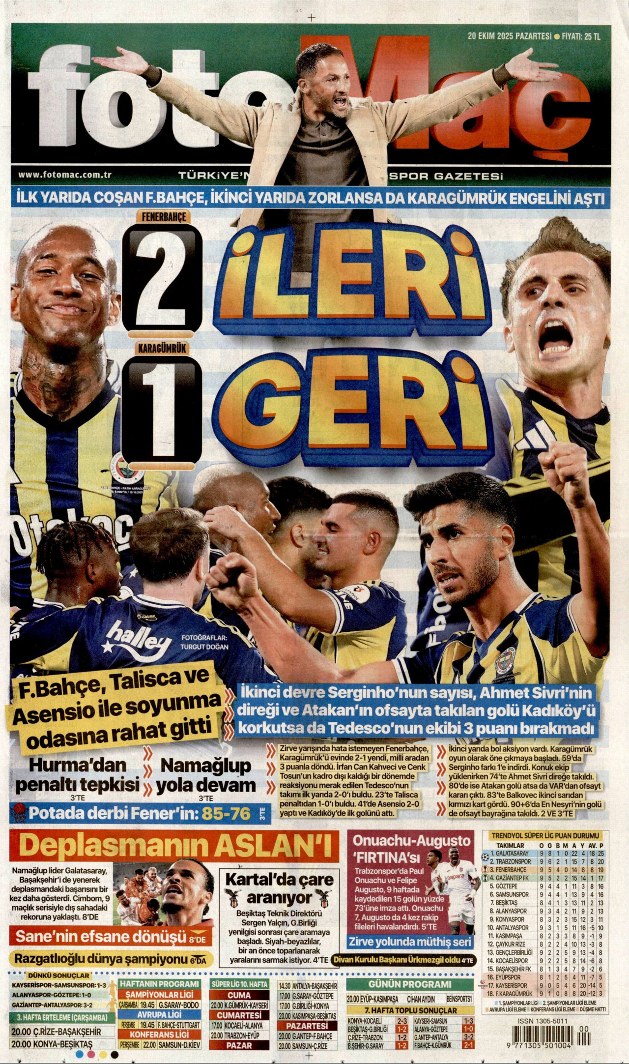 FOTOMAÇ gazetesinin 20 Ekim 2025 tarihli birinci sayfası