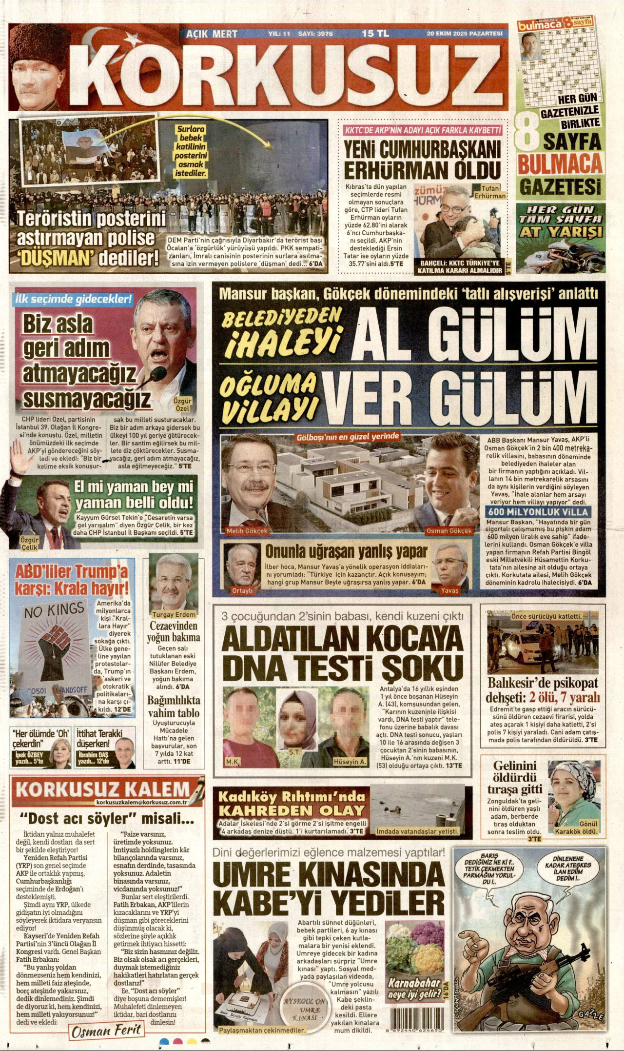 KORKUSUZ gazetesinin 20 Ekim 2025 tarihli birinci sayfası