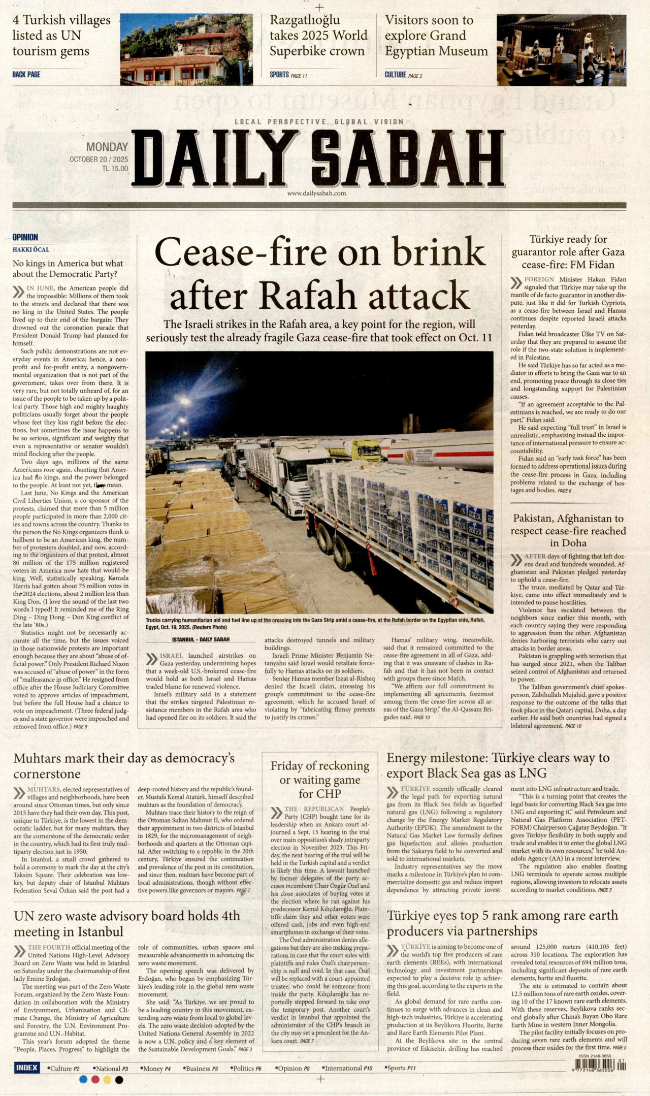 DAİLY SABAH gazetesinin 20 Ekim 2025 tarihli birinci sayfası