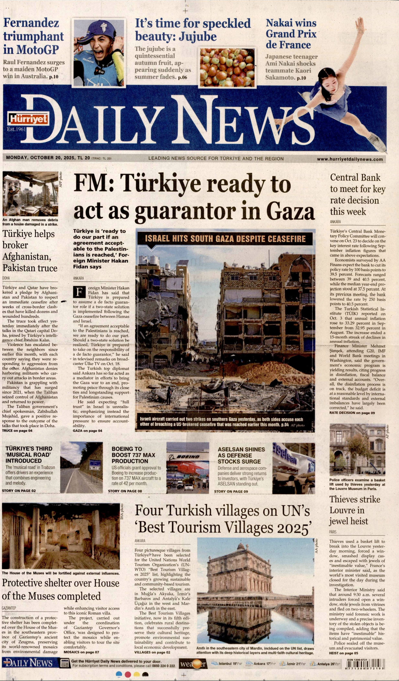 HÜRRİYET DAİLY NEWS gazetesinin 20 Ekim 2025 tarihli birinci sayfası