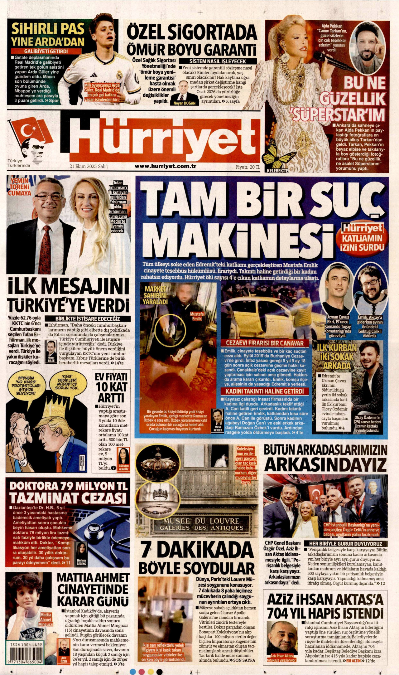 HÜRRİYET gazetesinin 21 Ekim 2025 tarihli birinci sayfası