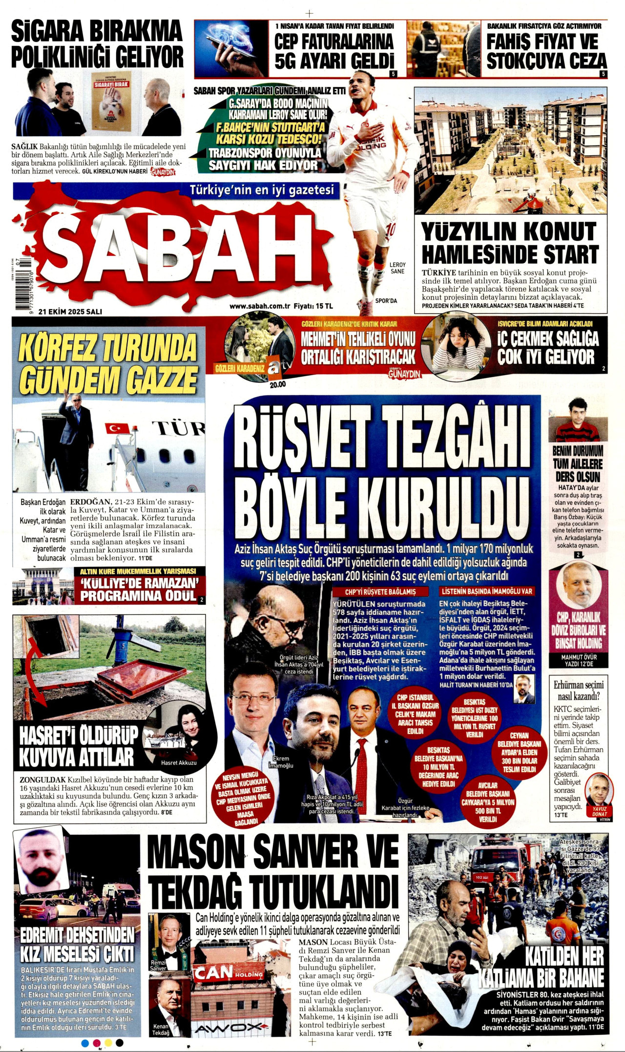 SABAH gazetesinin 21 Ekim 2025 tarihli birinci sayfası