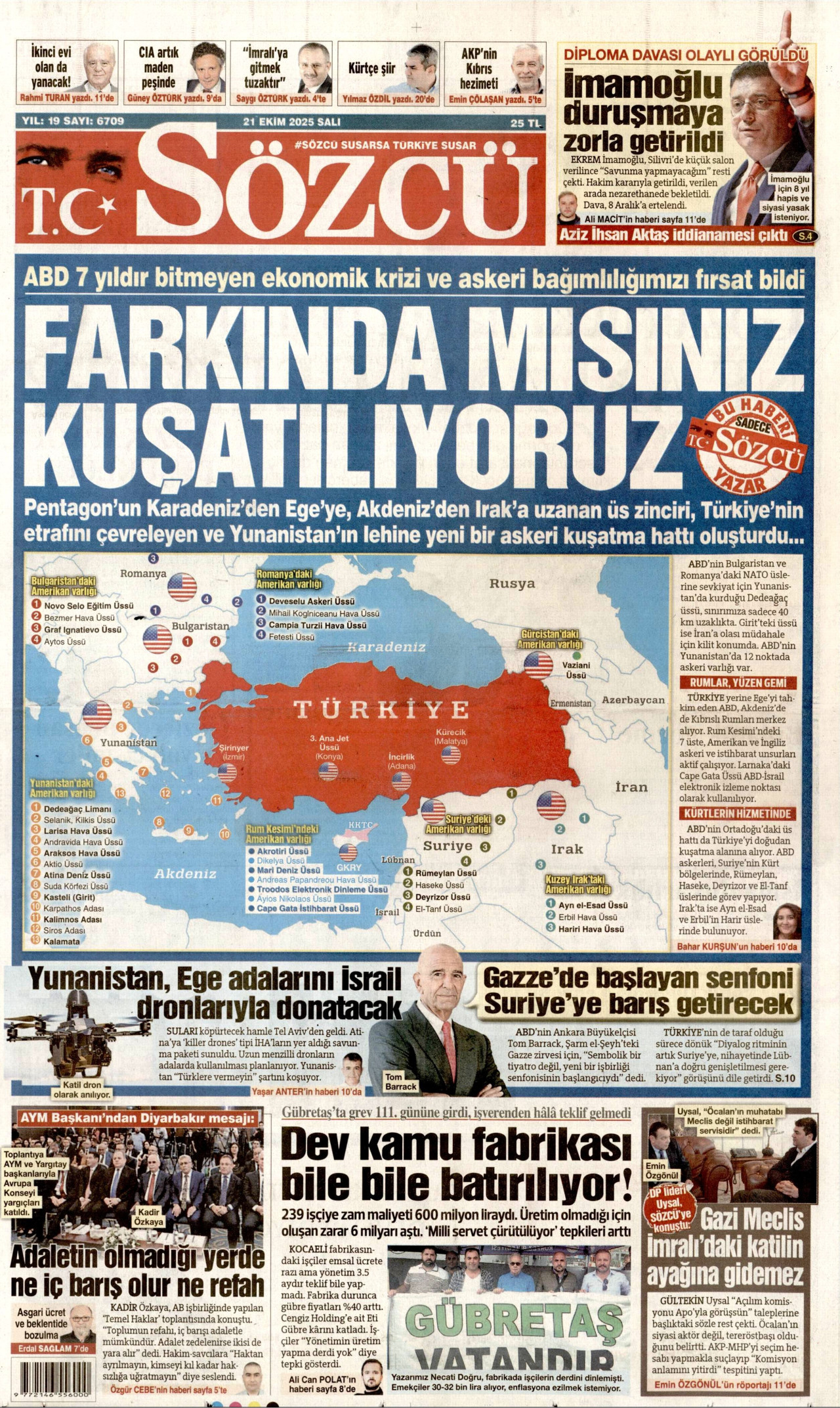 SÖZCÜ gazetesinin 21 Ekim 2025 tarihli birinci sayfası