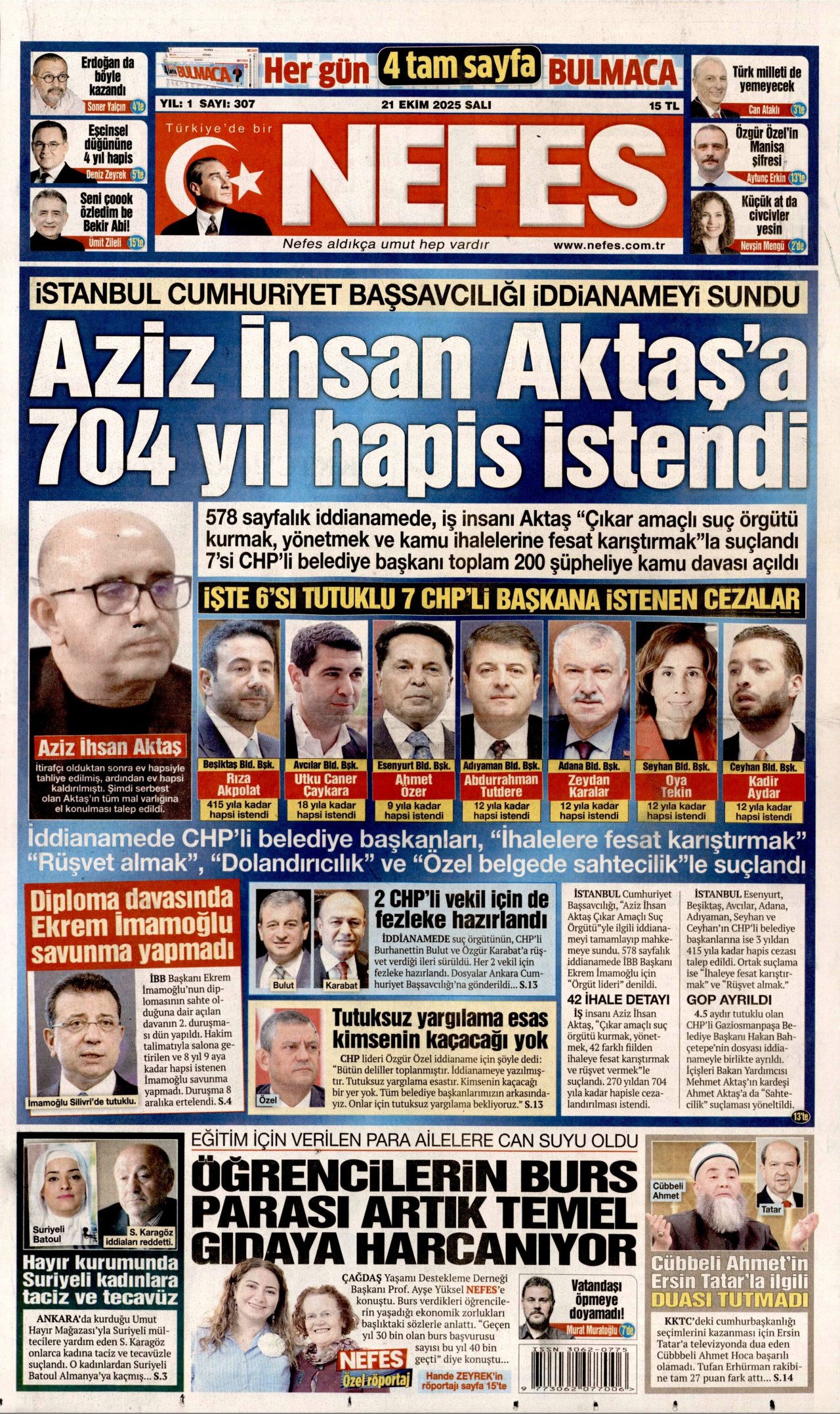NEFES gazetesinin 21 Ekim 2025 tarihli birinci sayfası