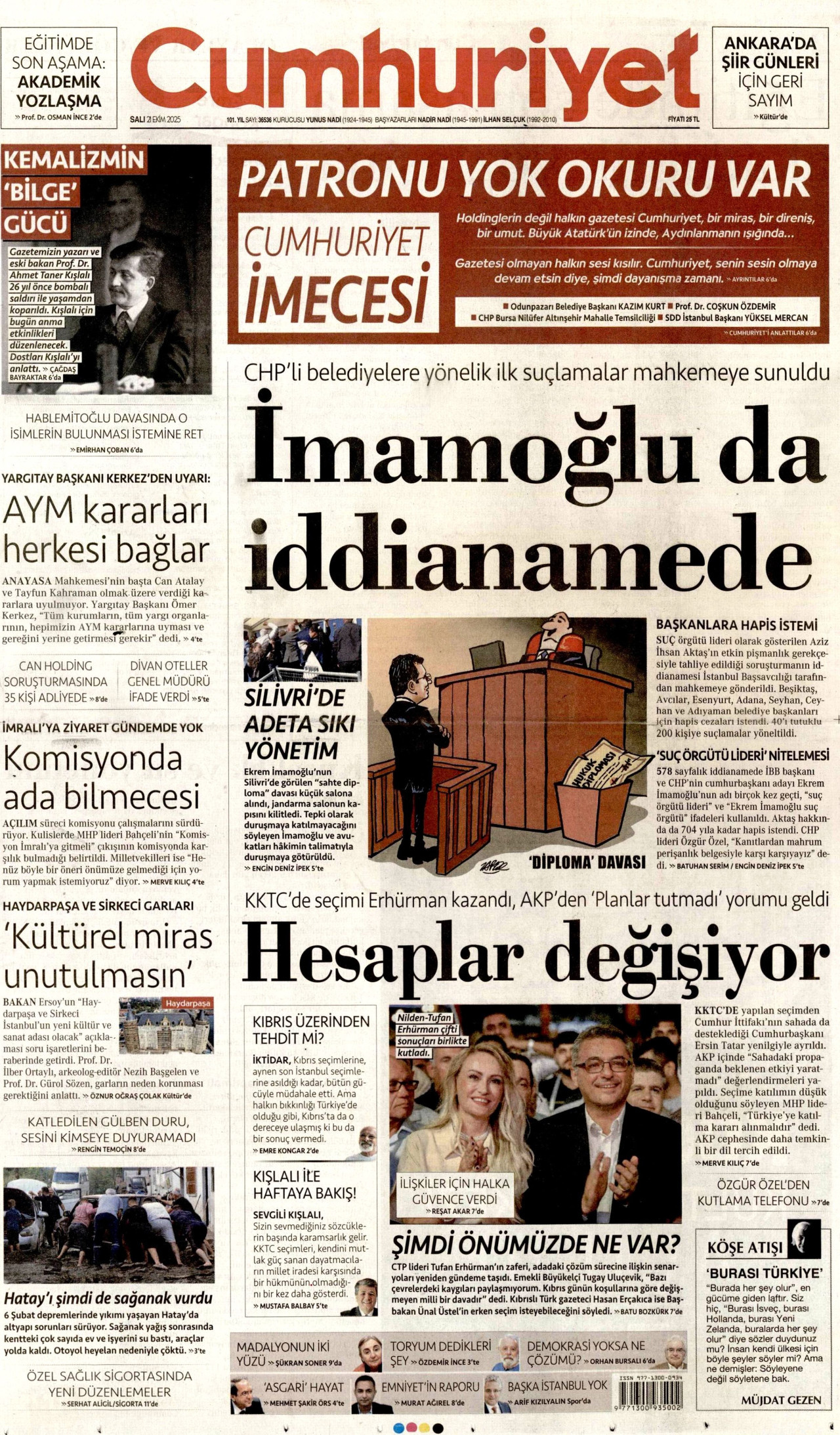 CUMHURİYET gazetesinin 21 Ekim 2025 tarihli birinci sayfası