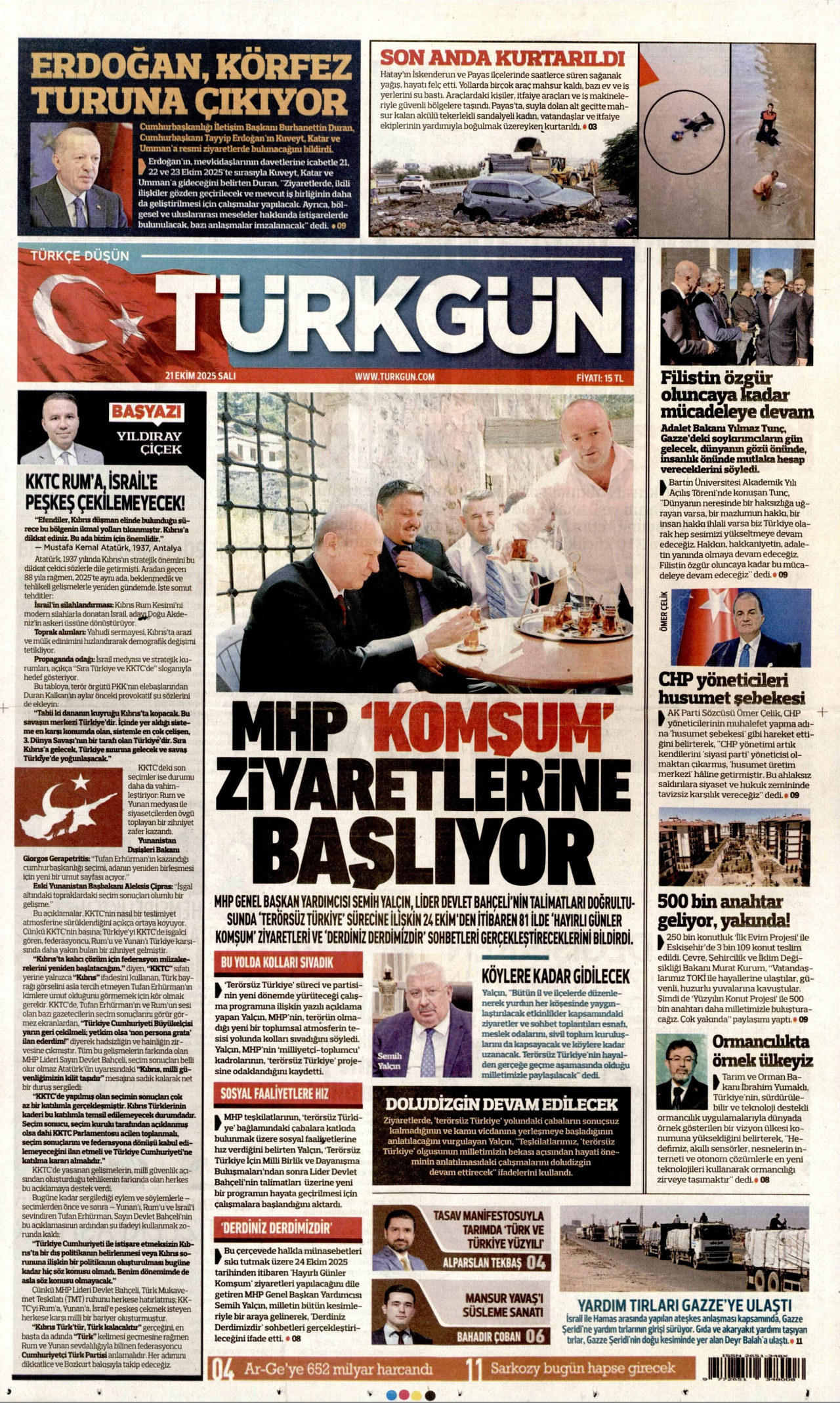 TÜRKGÜN gazetesinin 21 Ekim 2025 tarihli birinci sayfası