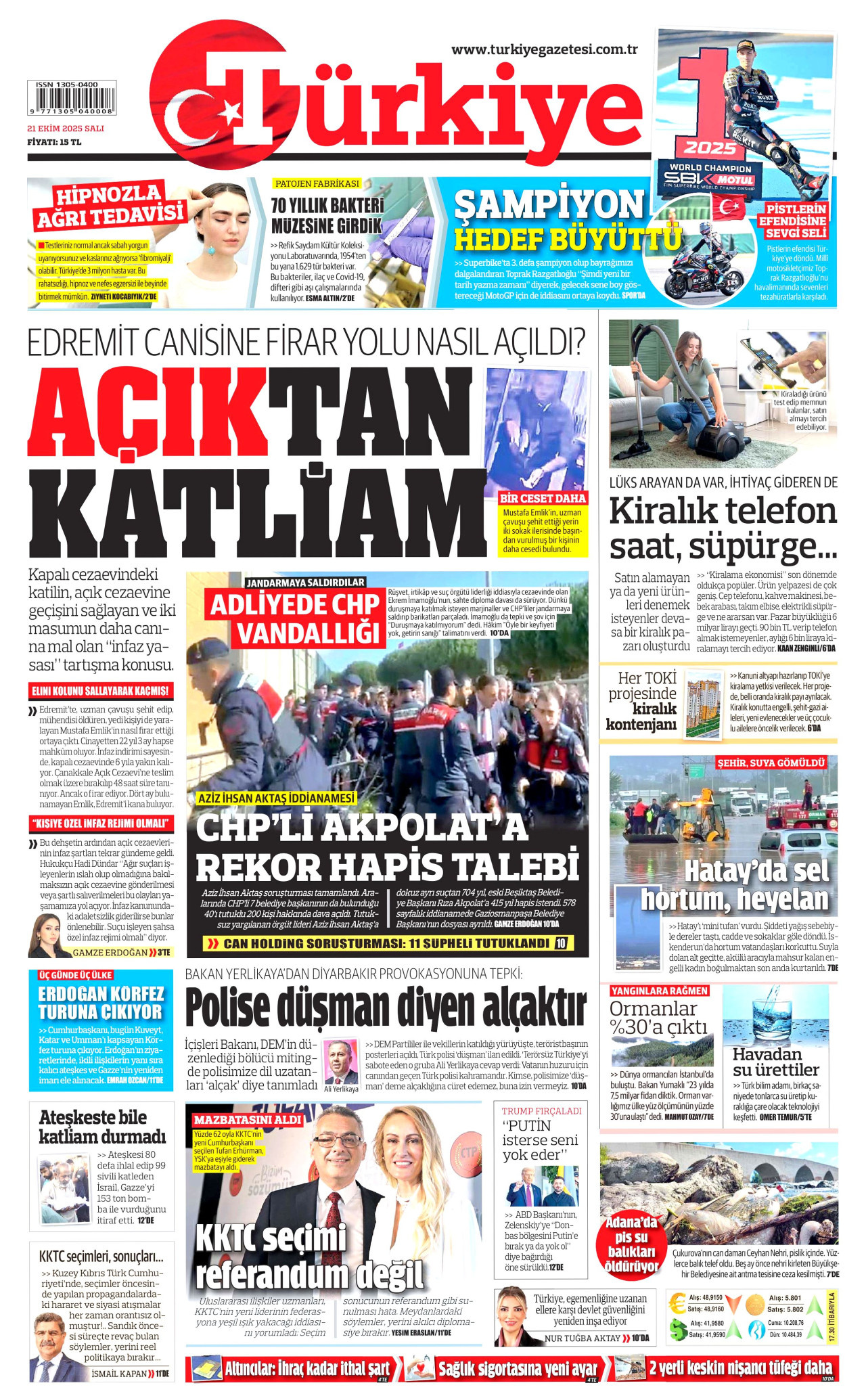 TÜRKİYE GAZETESİ gazetesinin 21 Ekim 2025 tarihli birinci sayfası