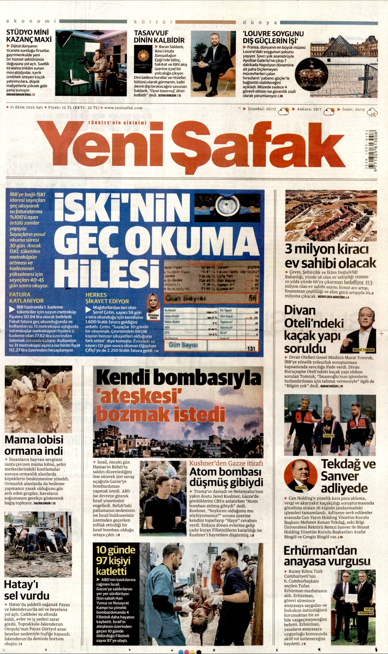 YENİ ŞAFAK gazetesinin 21 Ekim 2025 tarihli birinci sayfası