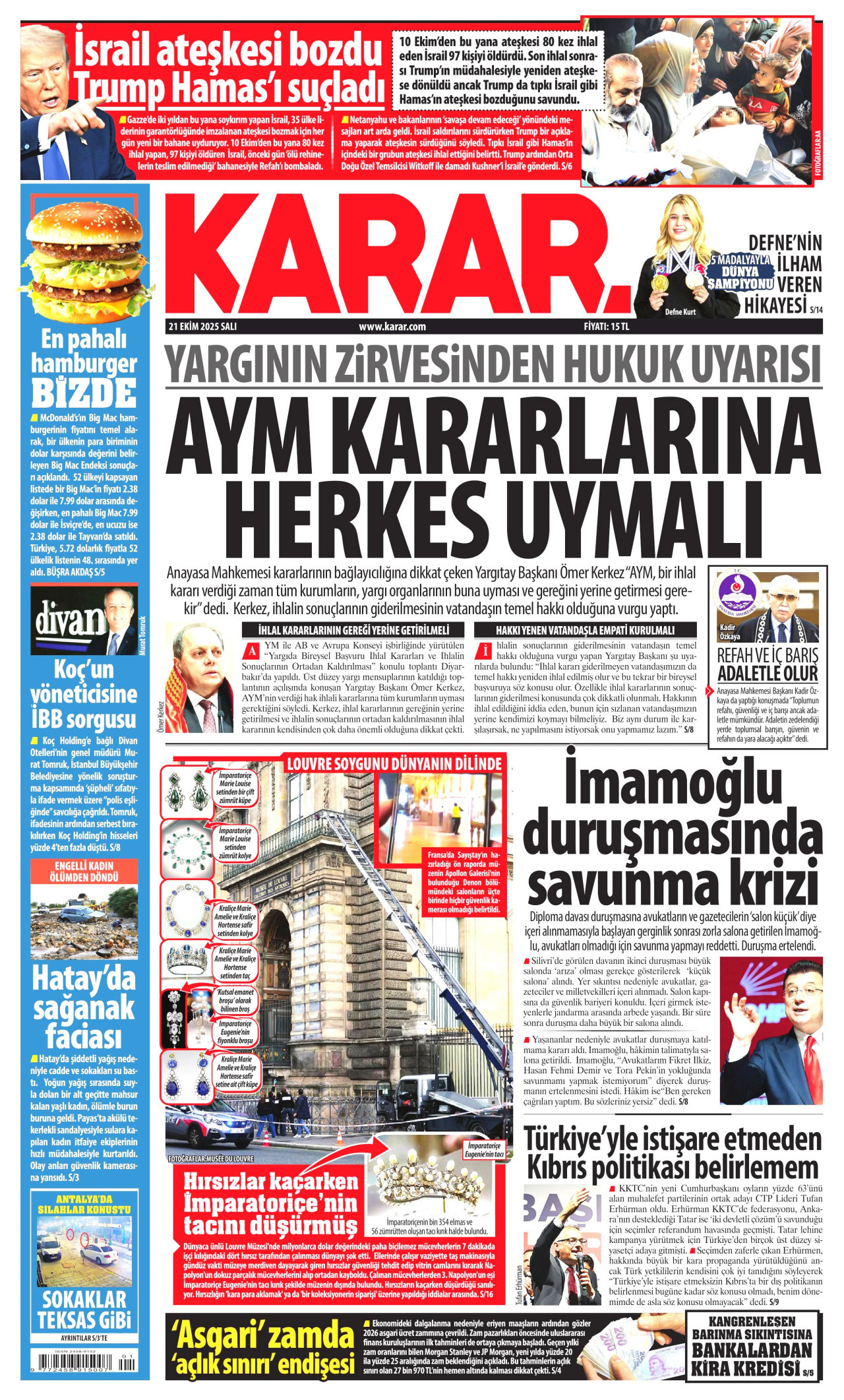KARAR gazetesinin 21 Ekim 2025 tarihli birinci sayfası
