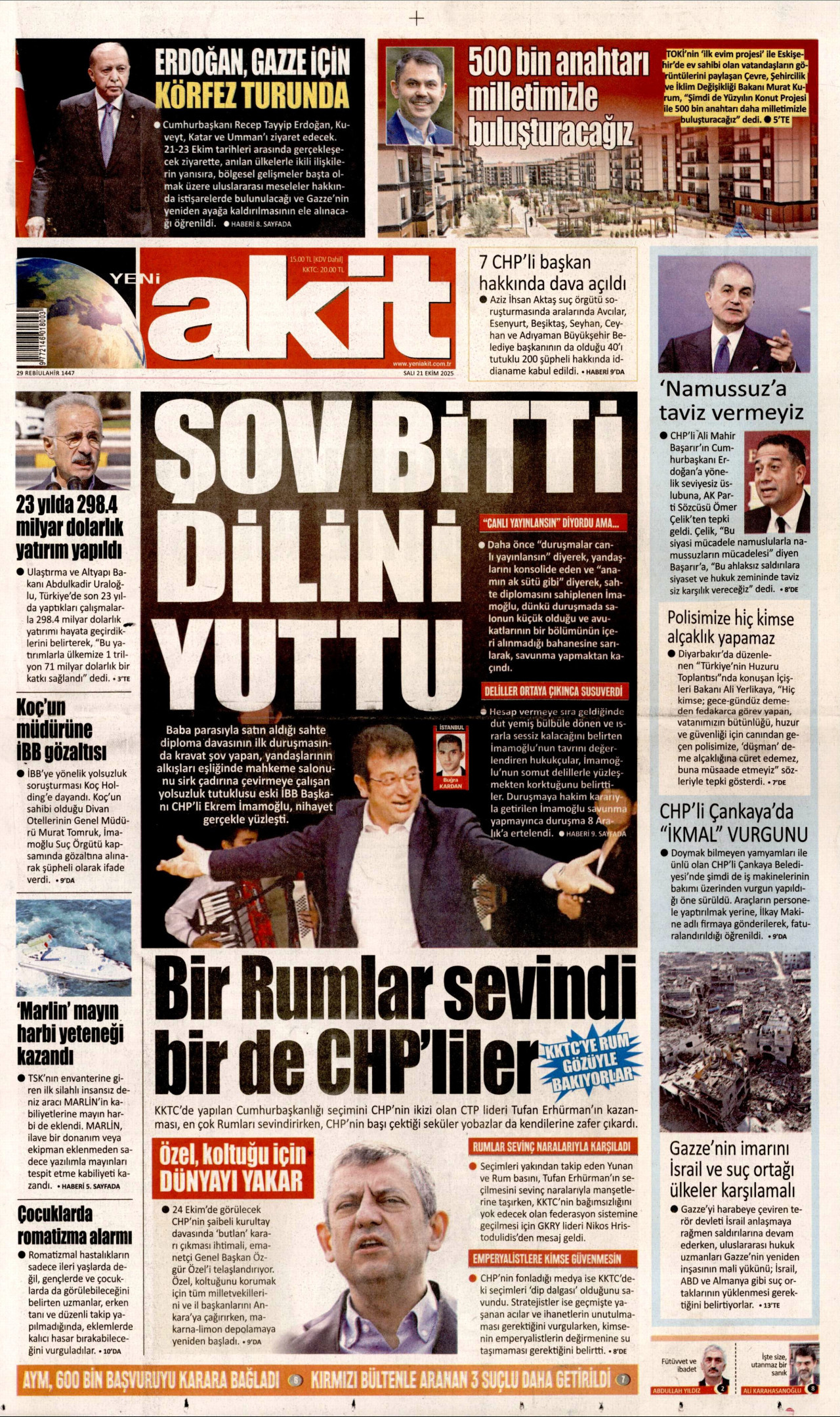 YENİ AKİT gazetesinin 21 Ekim 2025 tarihli birinci sayfası