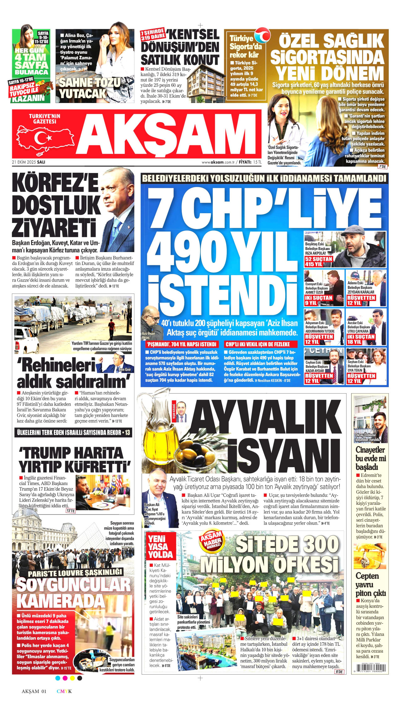AKŞAM gazetesinin 21 Ekim 2025 tarihli birinci sayfası