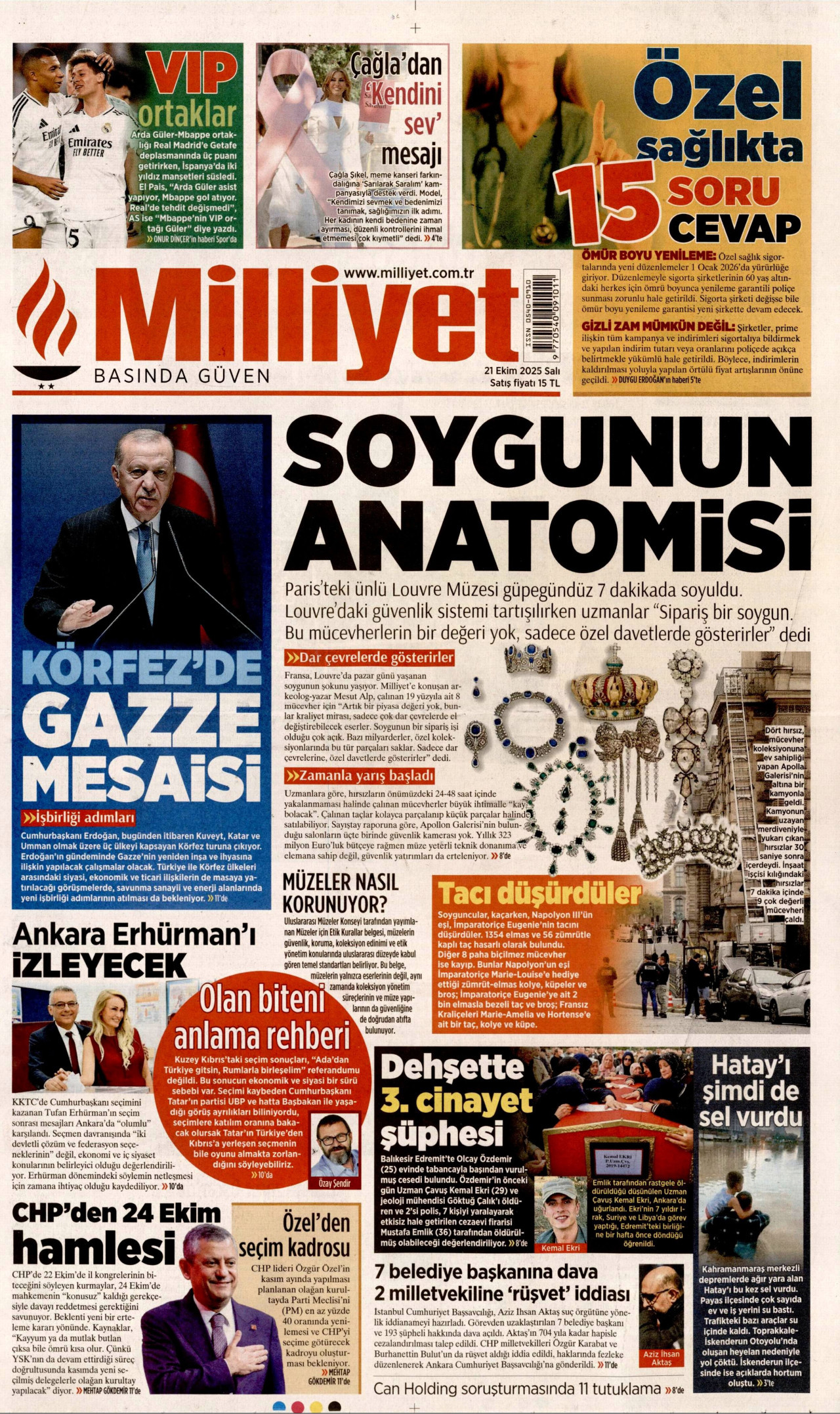 MİLLİYET gazetesinin 21 Ekim 2025 tarihli birinci sayfası