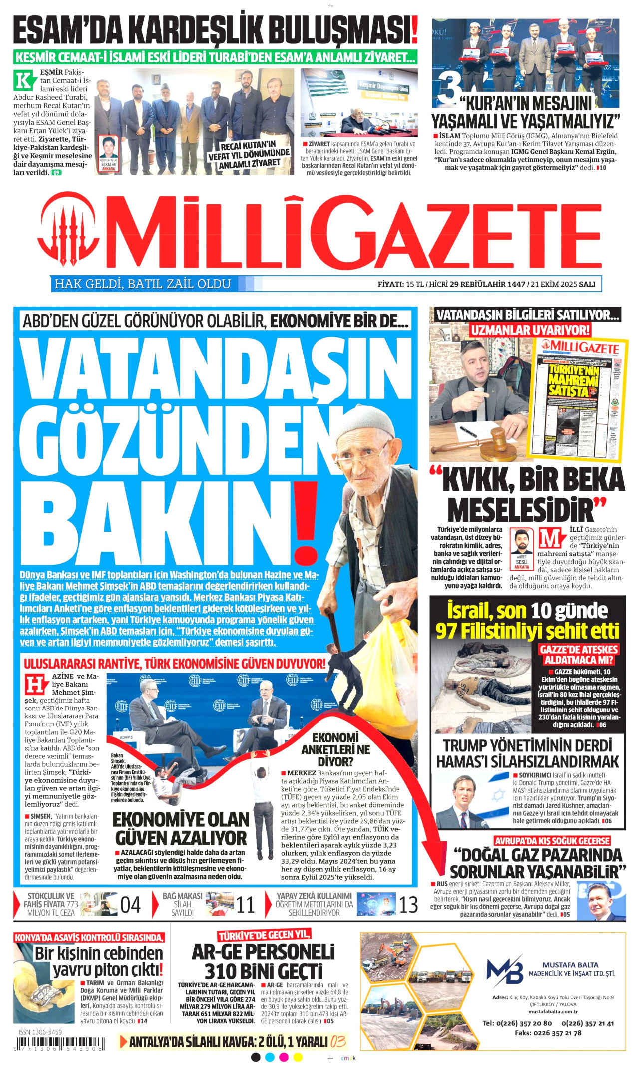 MİLLİ GAZETE gazetesinin 21 Ekim 2025 tarihli birinci sayfası