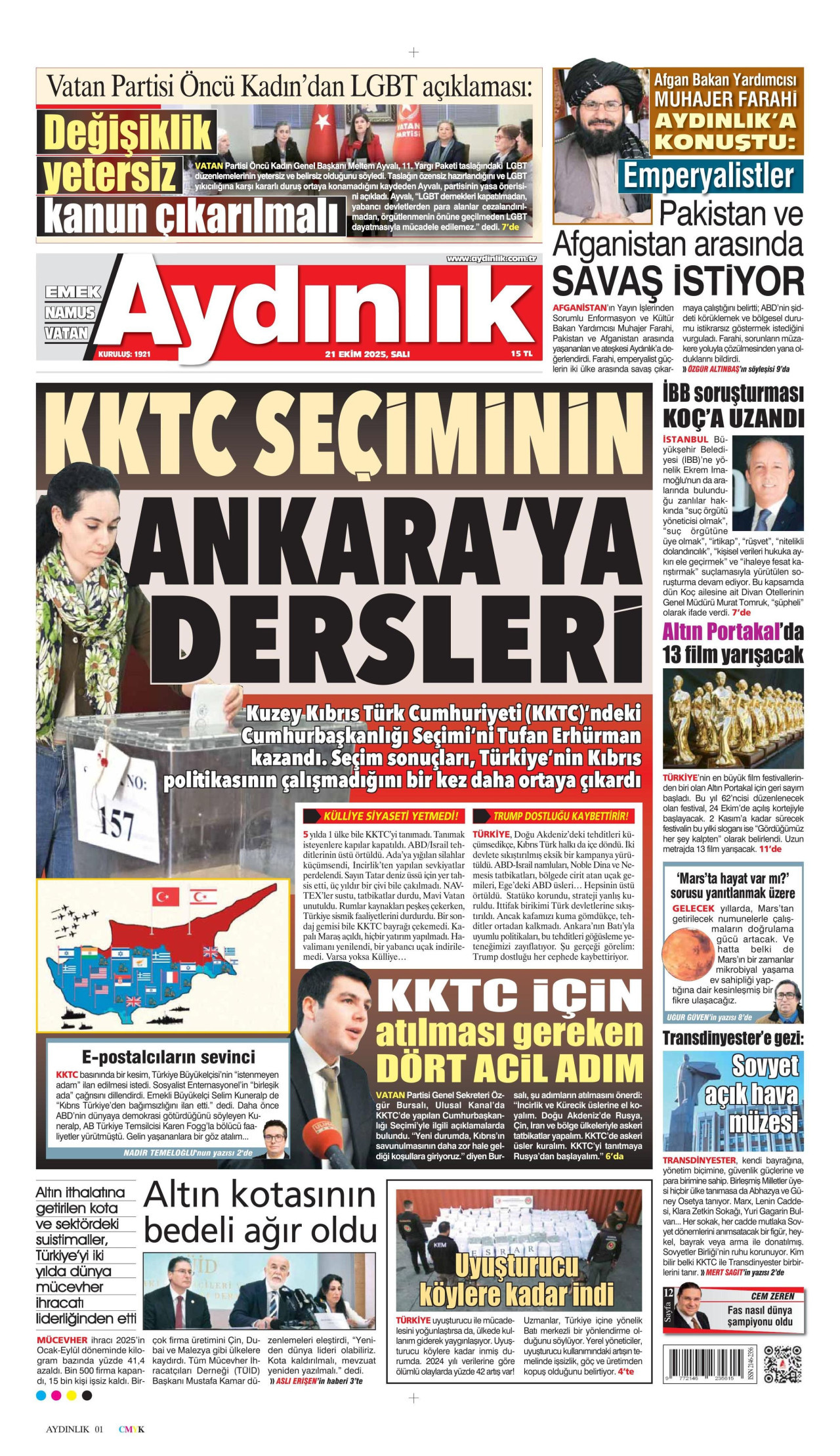 AYDINLIK GAZETESİ gazetesinin 21 Ekim 2025 tarihli birinci sayfası