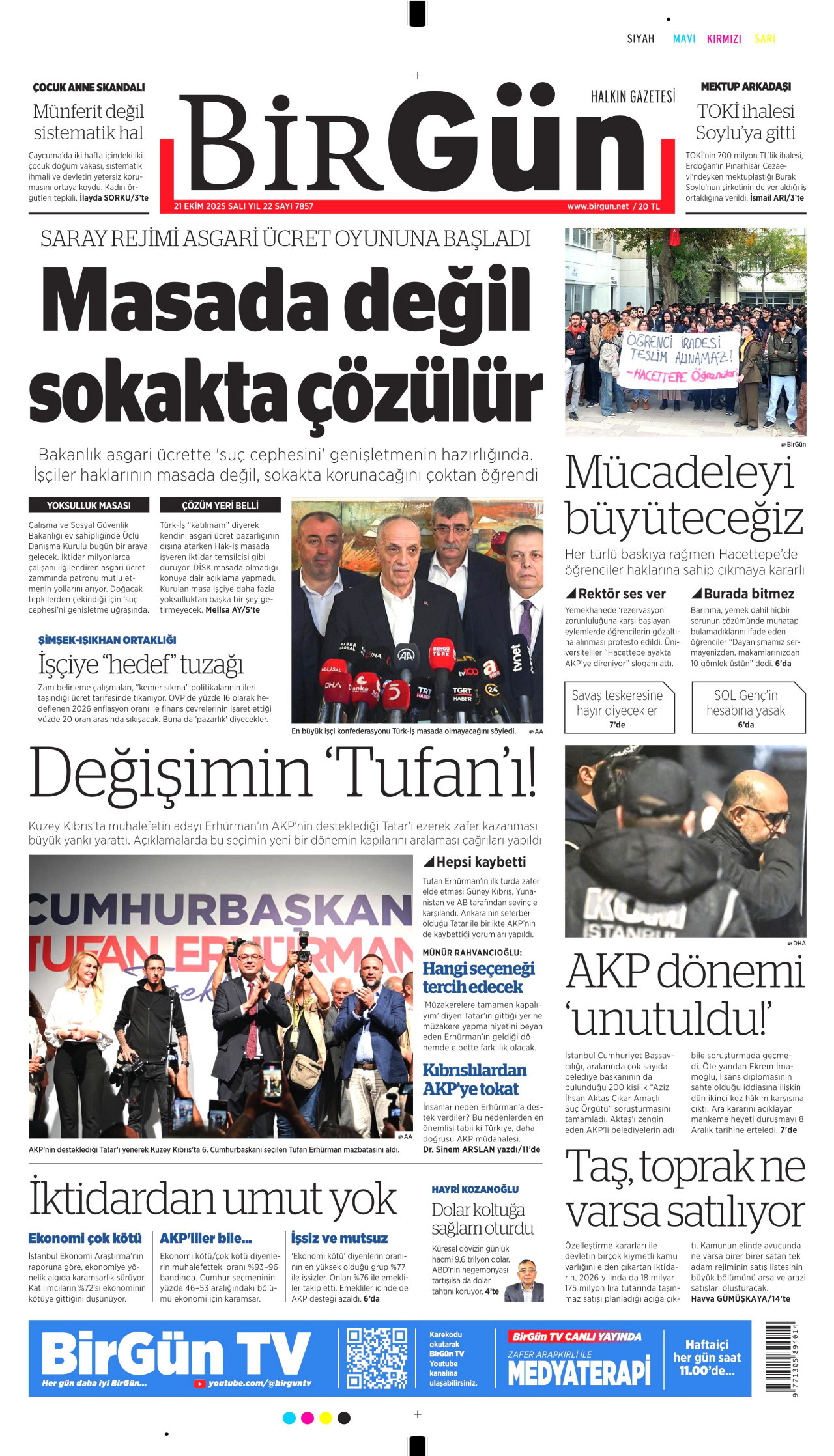 BİRGÜN gazetesinin 21 Ekim 2025 tarihli birinci sayfası