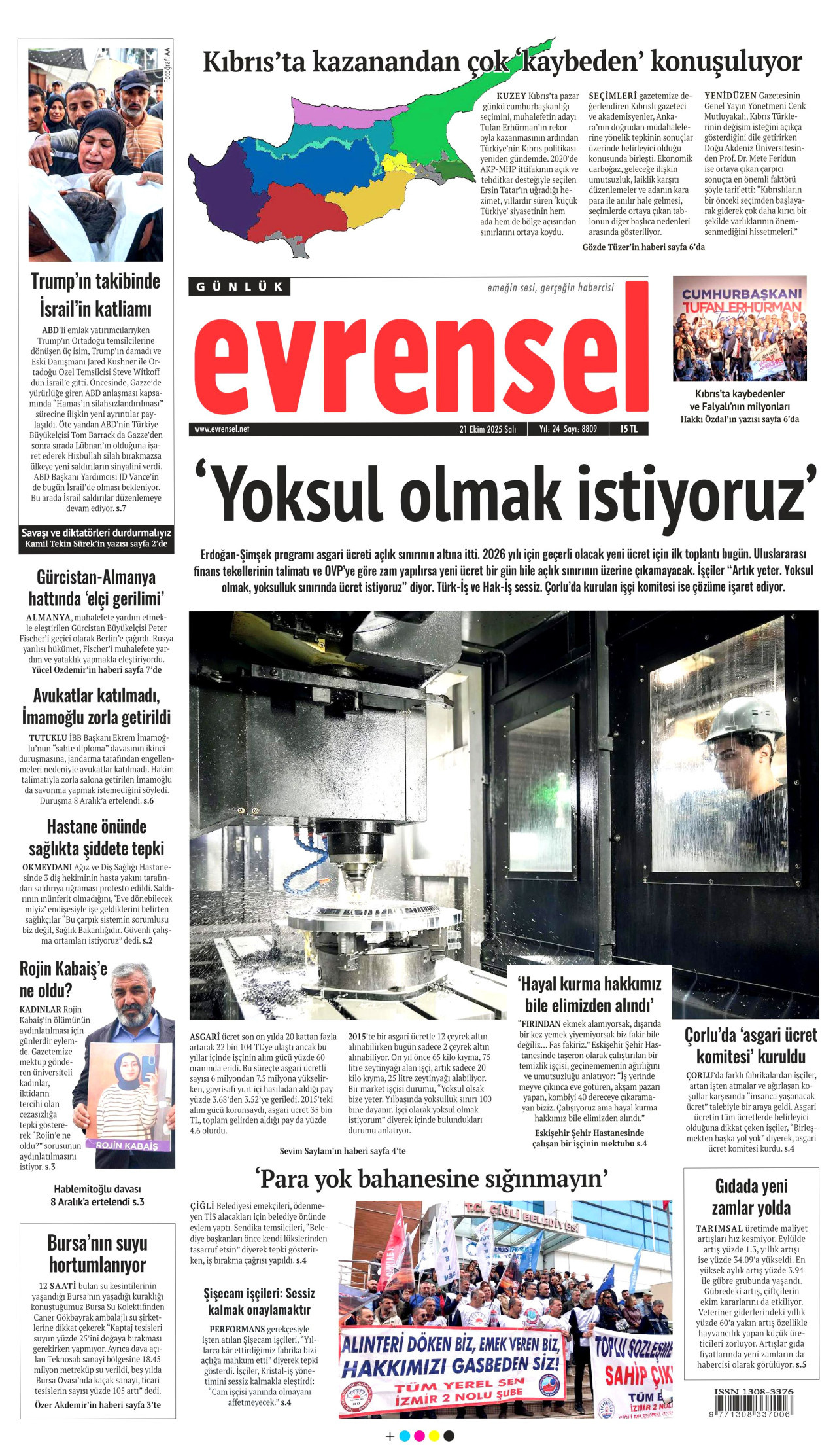 EVRENSEL gazetesinin 21 Ekim 2025 tarihli birinci sayfası
