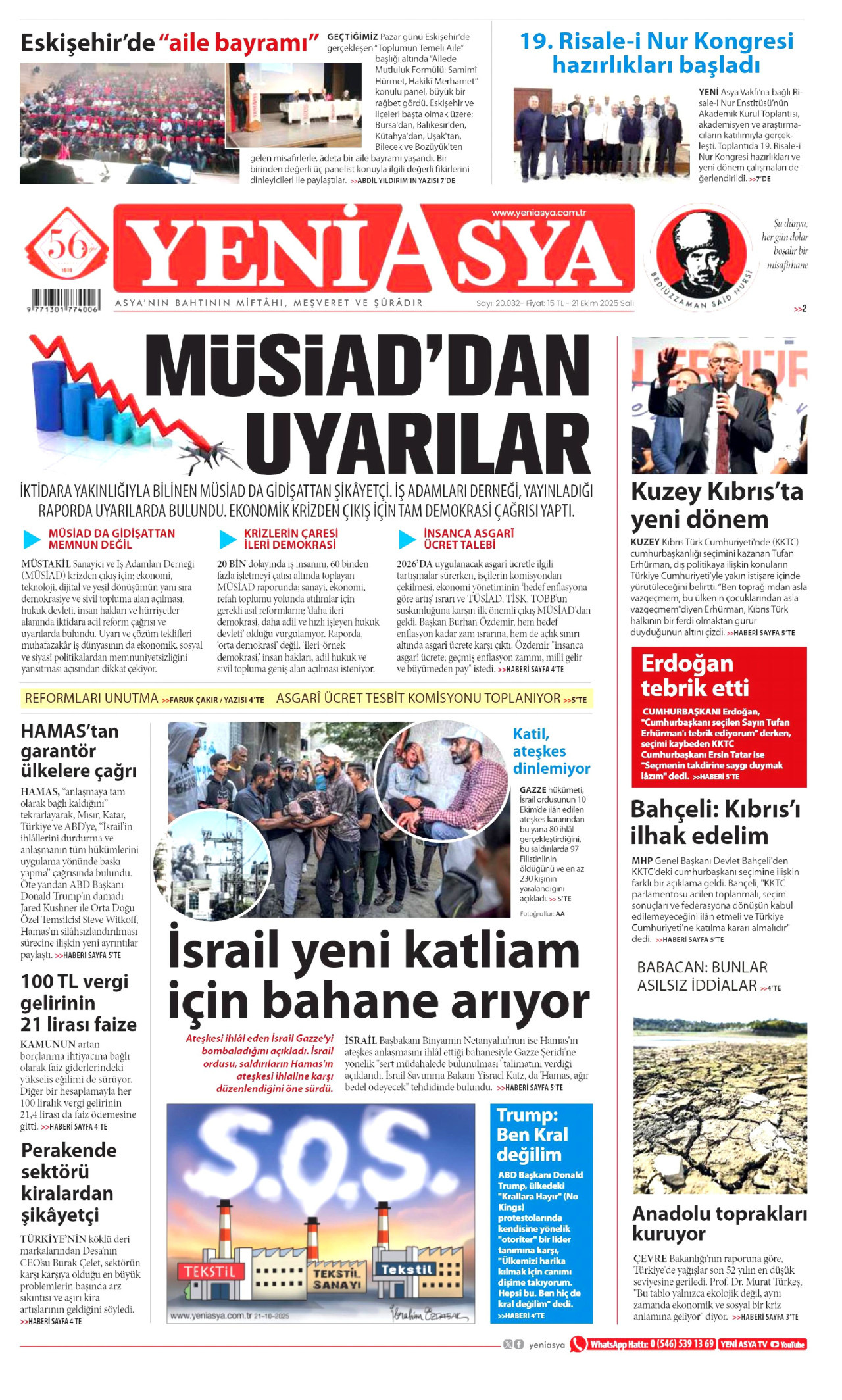 YENİ ASYA gazetesinin 21 Ekim 2025 tarihli birinci sayfası