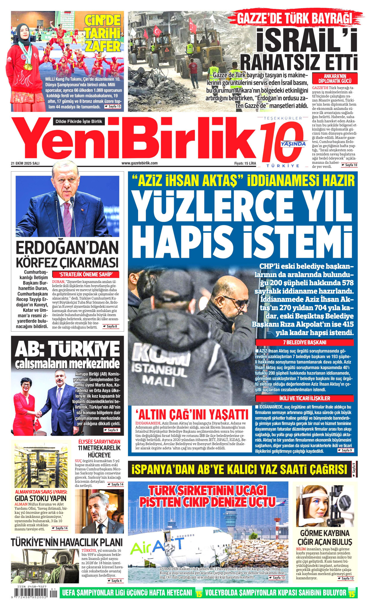 YENİBİRLİK gazetesinin 21 Ekim 2025 tarihli birinci sayfası
