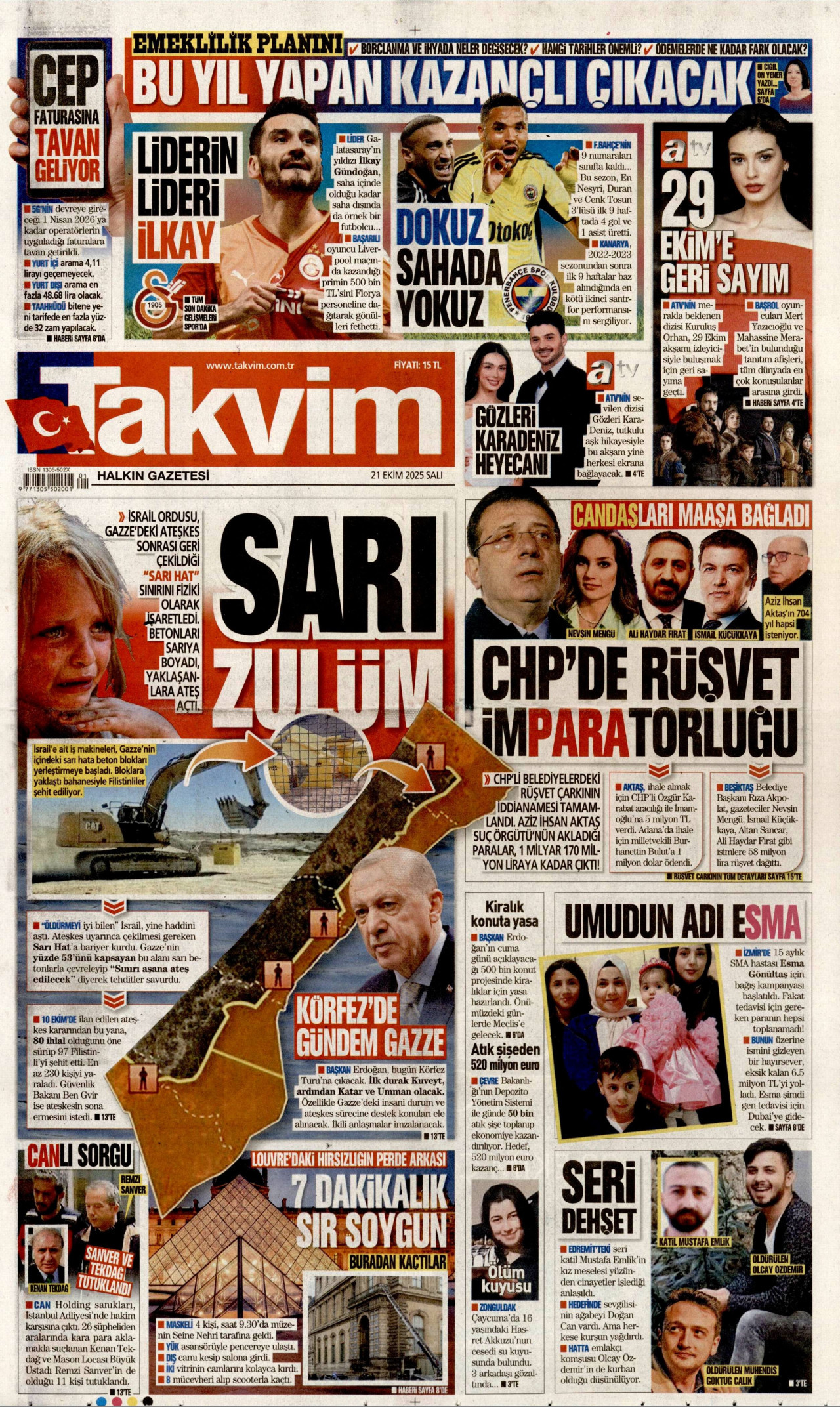 TAKVİM gazetesinin 21 Ekim 2025 tarihli birinci sayfası