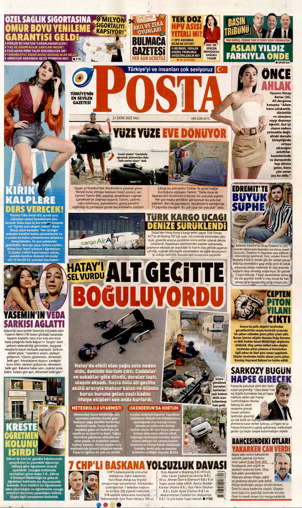 POSTA gazetesinin 21 Ekim 2025 tarihli birinci sayfası