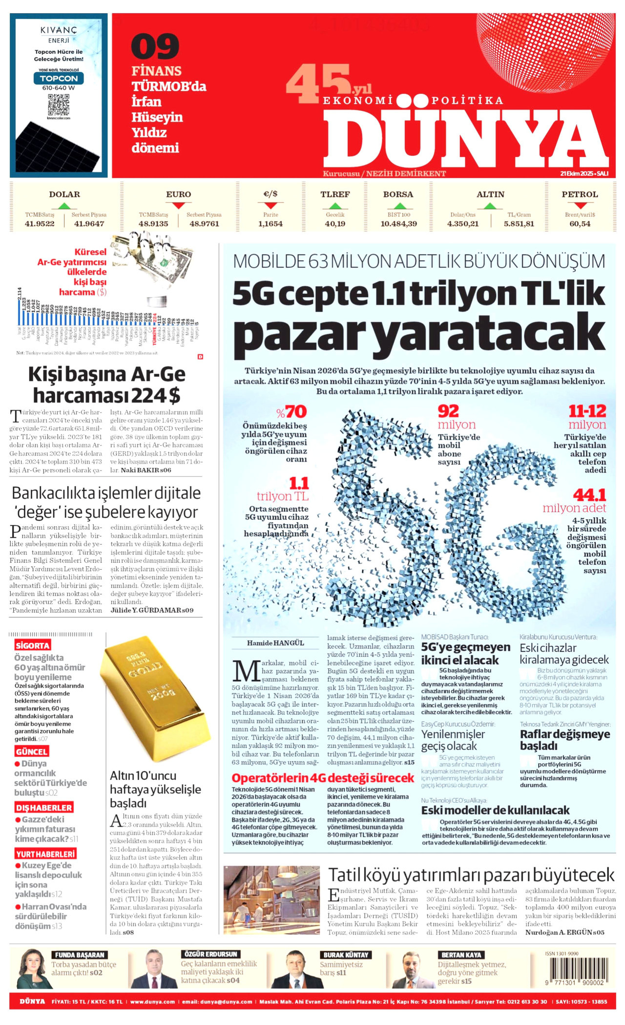 DÜNYA gazetesinin 21 Ekim 2025 tarihli birinci sayfası