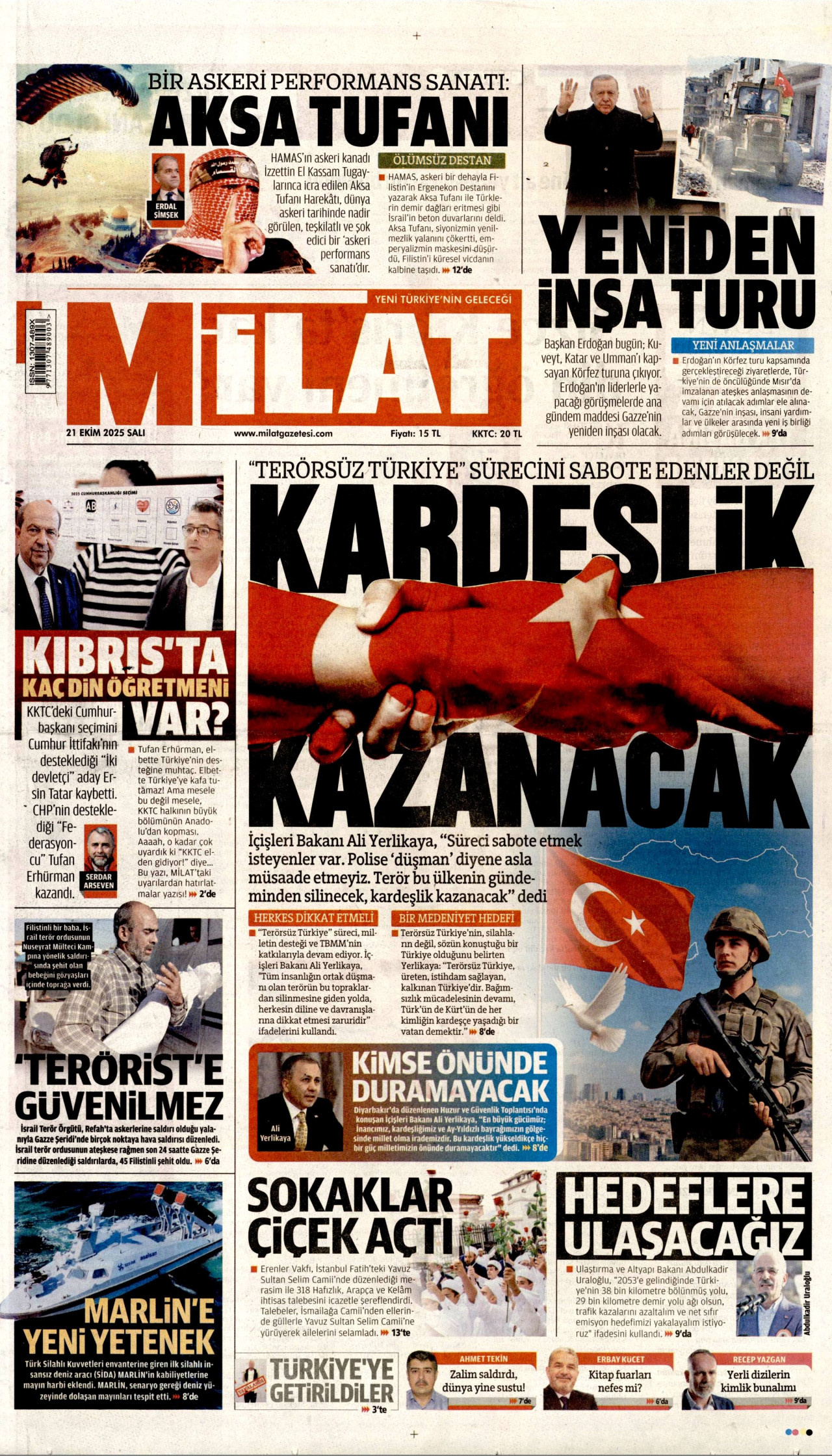 MİLAT gazetesinin 21 Ekim 2025 tarihli birinci sayfası