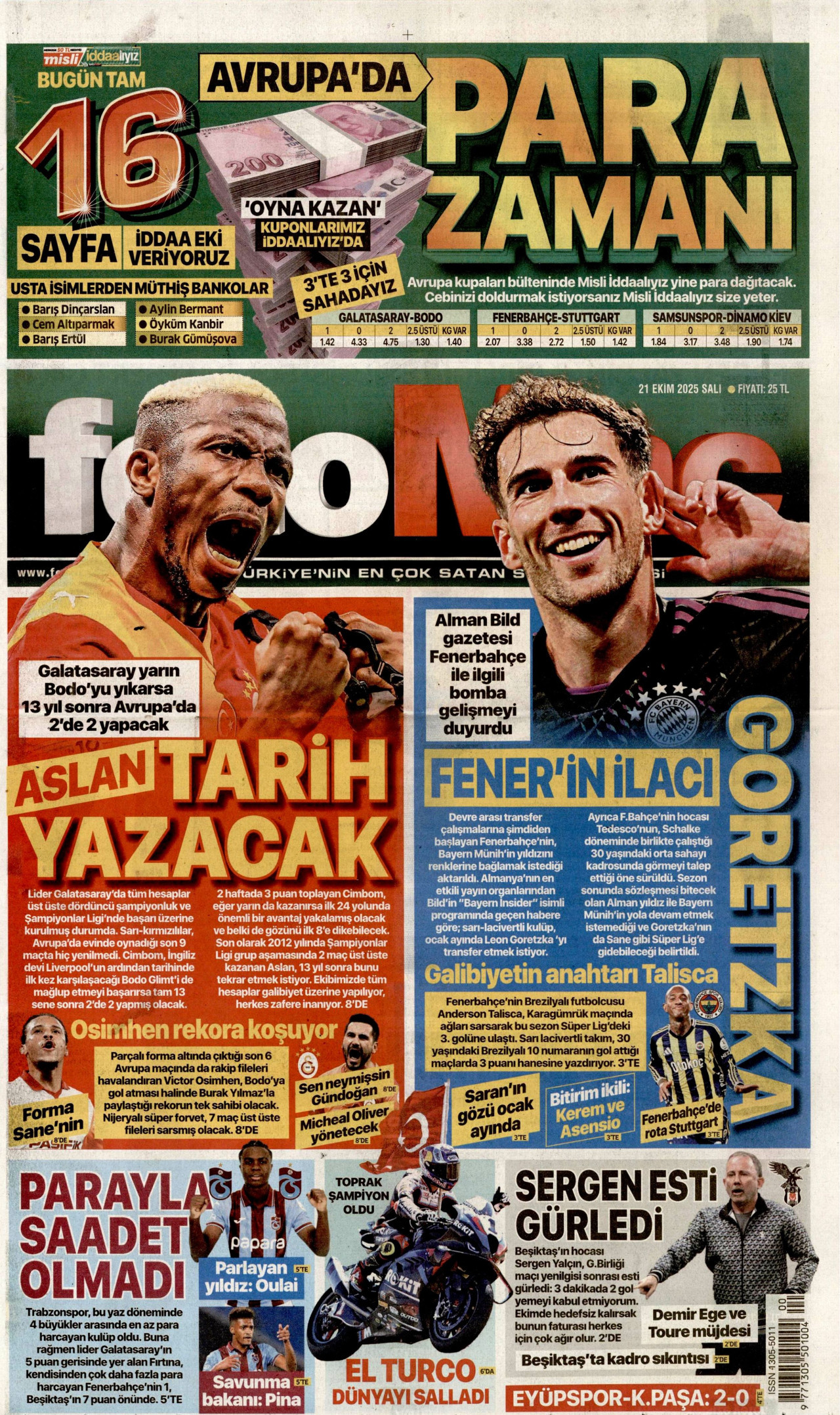 FOTOMAÇ gazetesinin 21 Ekim 2025 tarihli birinci sayfası