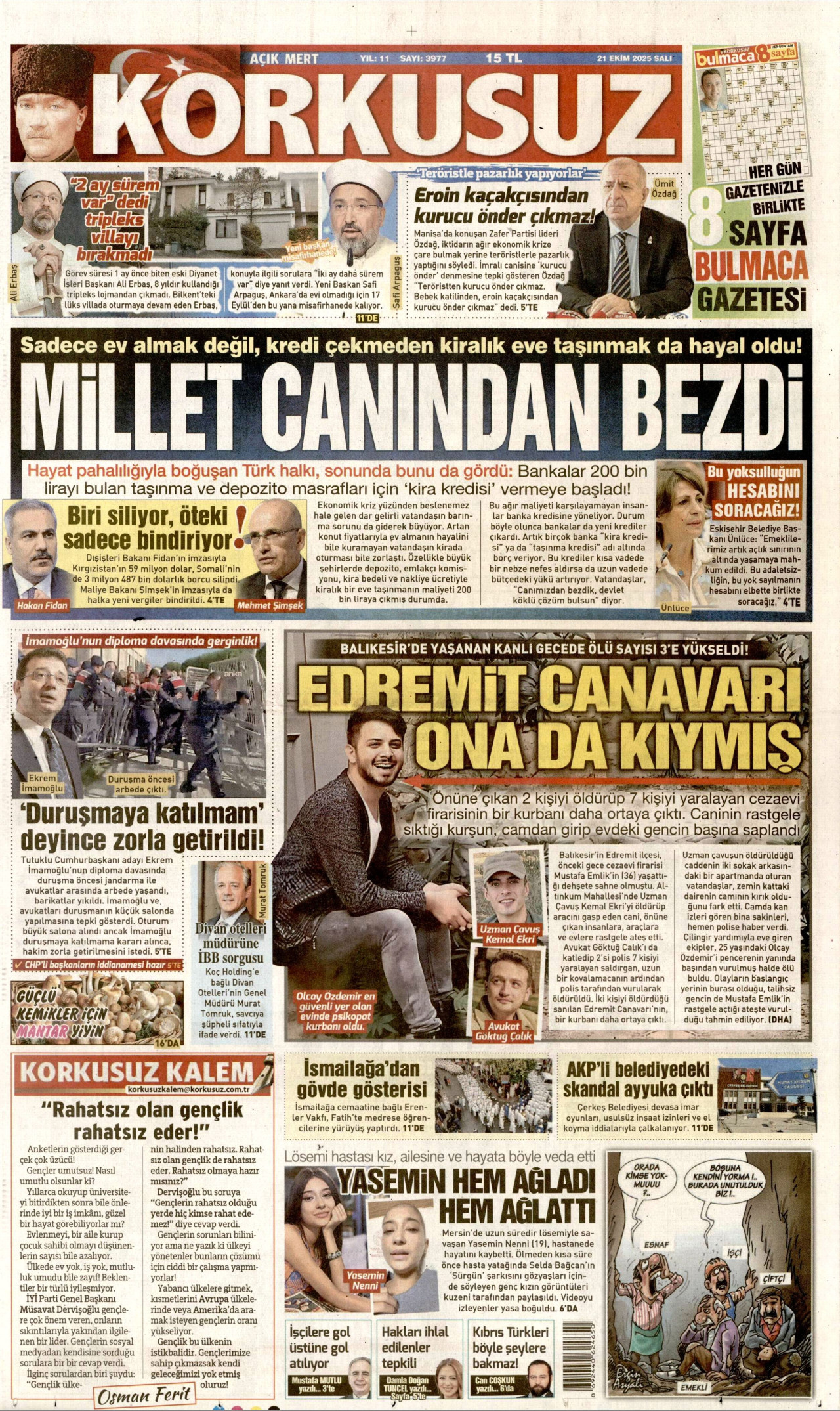 KORKUSUZ gazetesinin 21 Ekim 2025 tarihli birinci sayfası