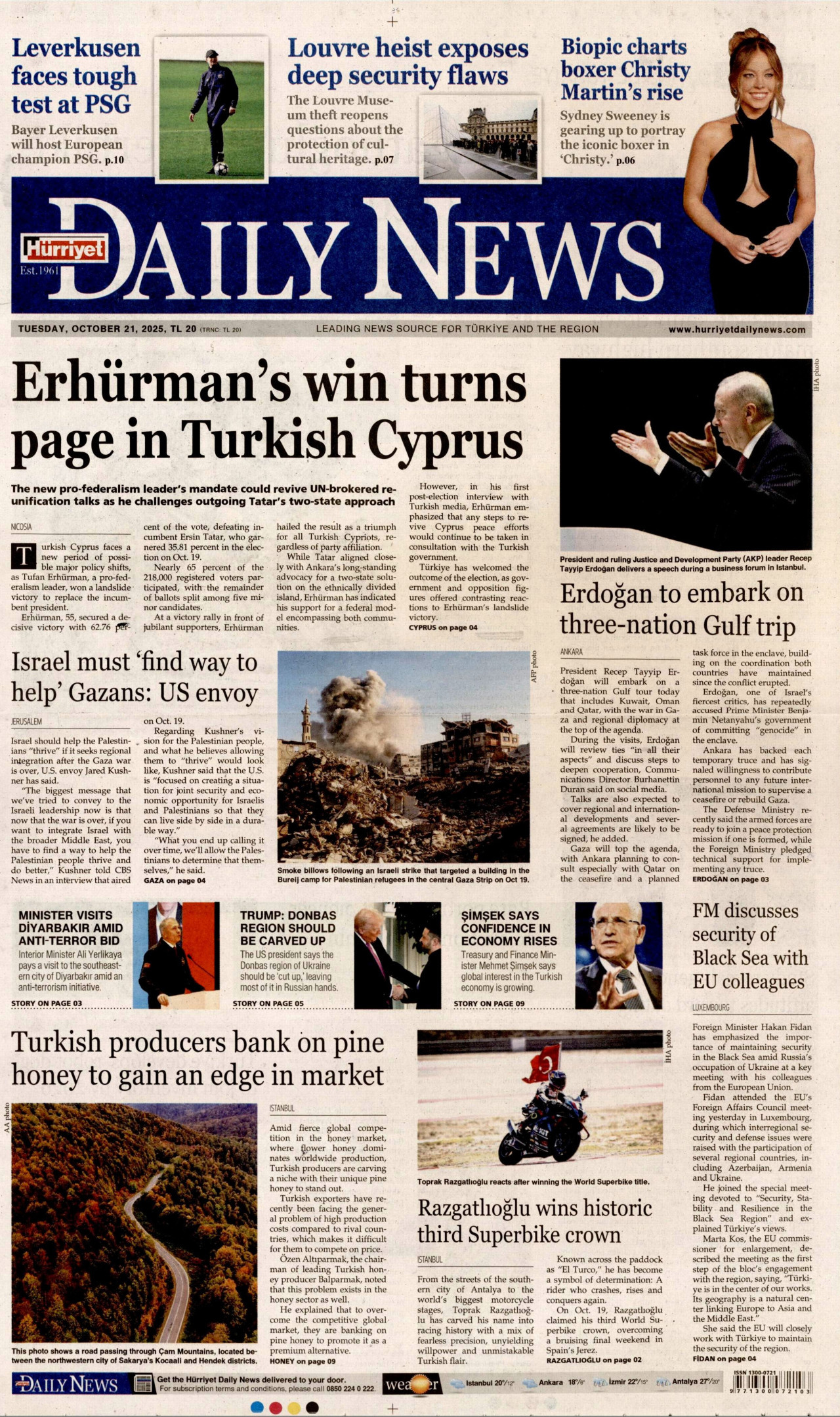 HÜRRİYET DAİLY NEWS gazetesinin 21 Ekim 2025 tarihli birinci sayfası